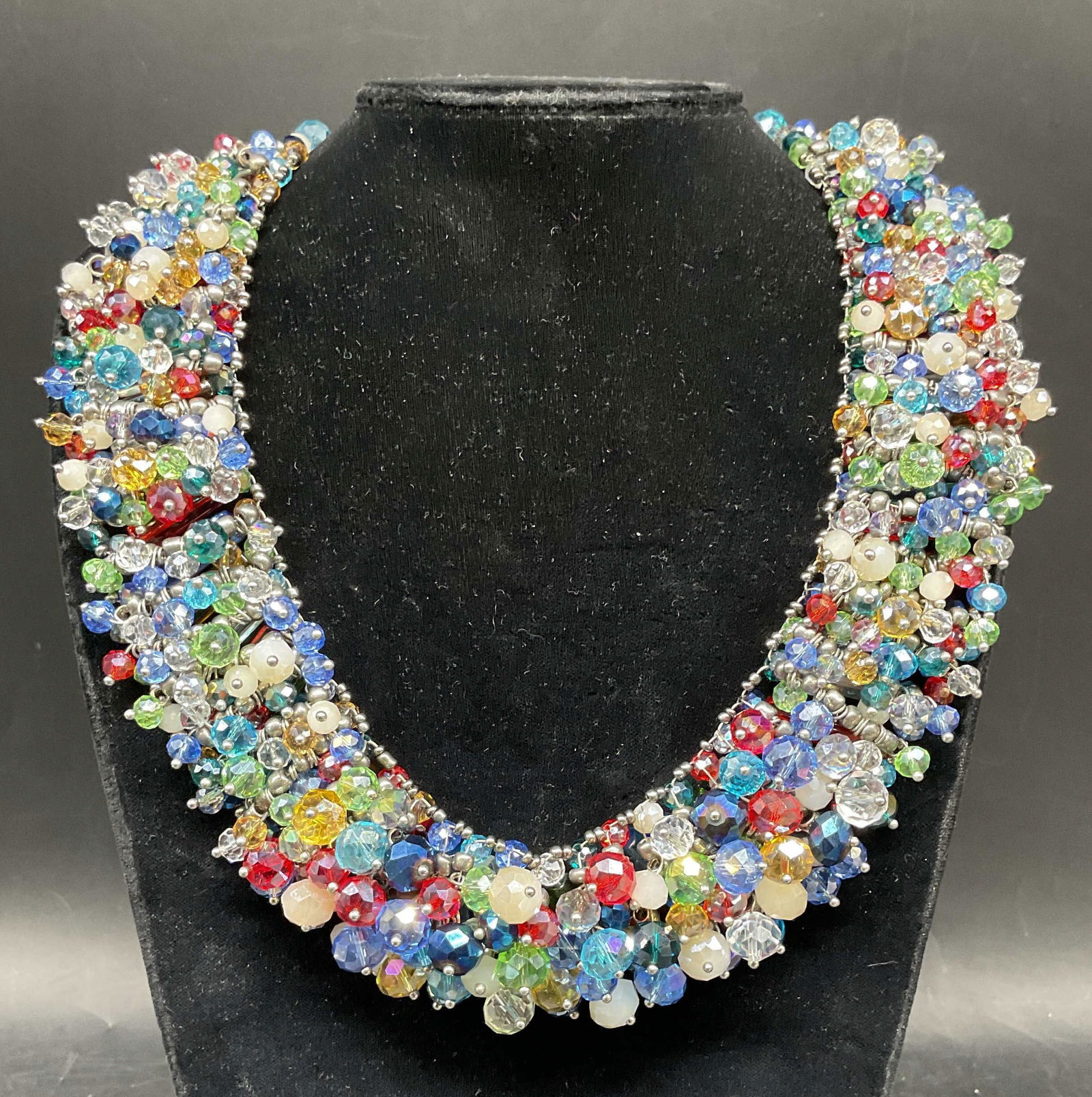 Vintage Multicolor Crystal Beaded Necklace: Vintage multicolor crystals cluster beaded bib necklace. Reversible. Drop length approx 8 inches. Some scratching. Jewelry, estate jewelry, costume jewelry, cocktail jewelry, fashion jewelry, accessor