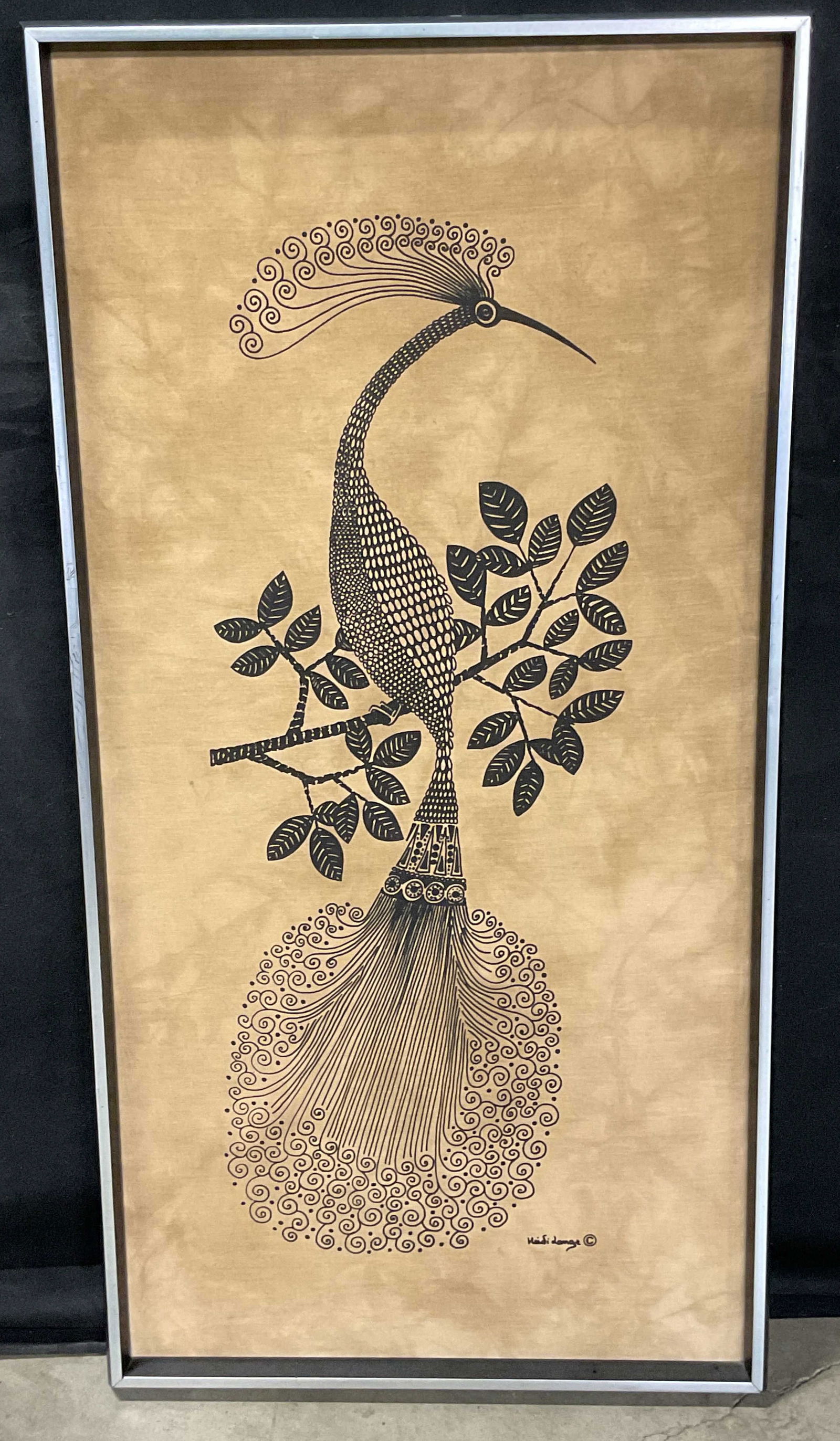 Heidi Lange Paradise Bird Batik Print 33in: Framed batik art print. Paradise Bird signature in print, Heidi Lange. Silver tone frame. Not examined out of frame. Frame measures approx. 33 x 16.75 inches. Some wear including scratching on frame.