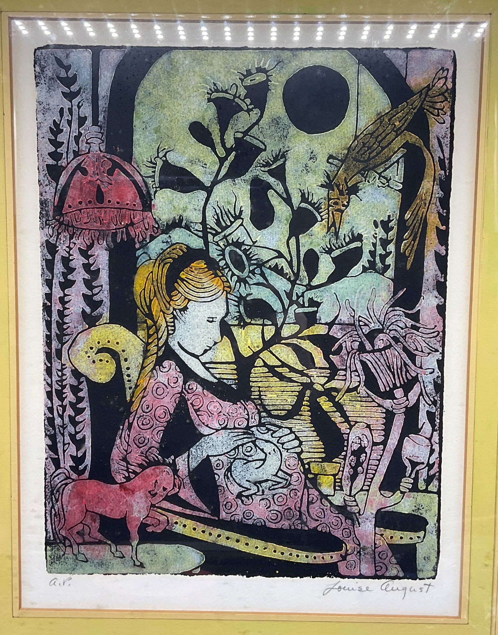 Signed Louise August Seated Woman Woodcut: Framed and matted woodcut print in color. Signed lower right, Louise August. Artist proof. Seated pregnant woman with horses and bird. Gilt wood frame. Not examined out of frame. Frame measures approx