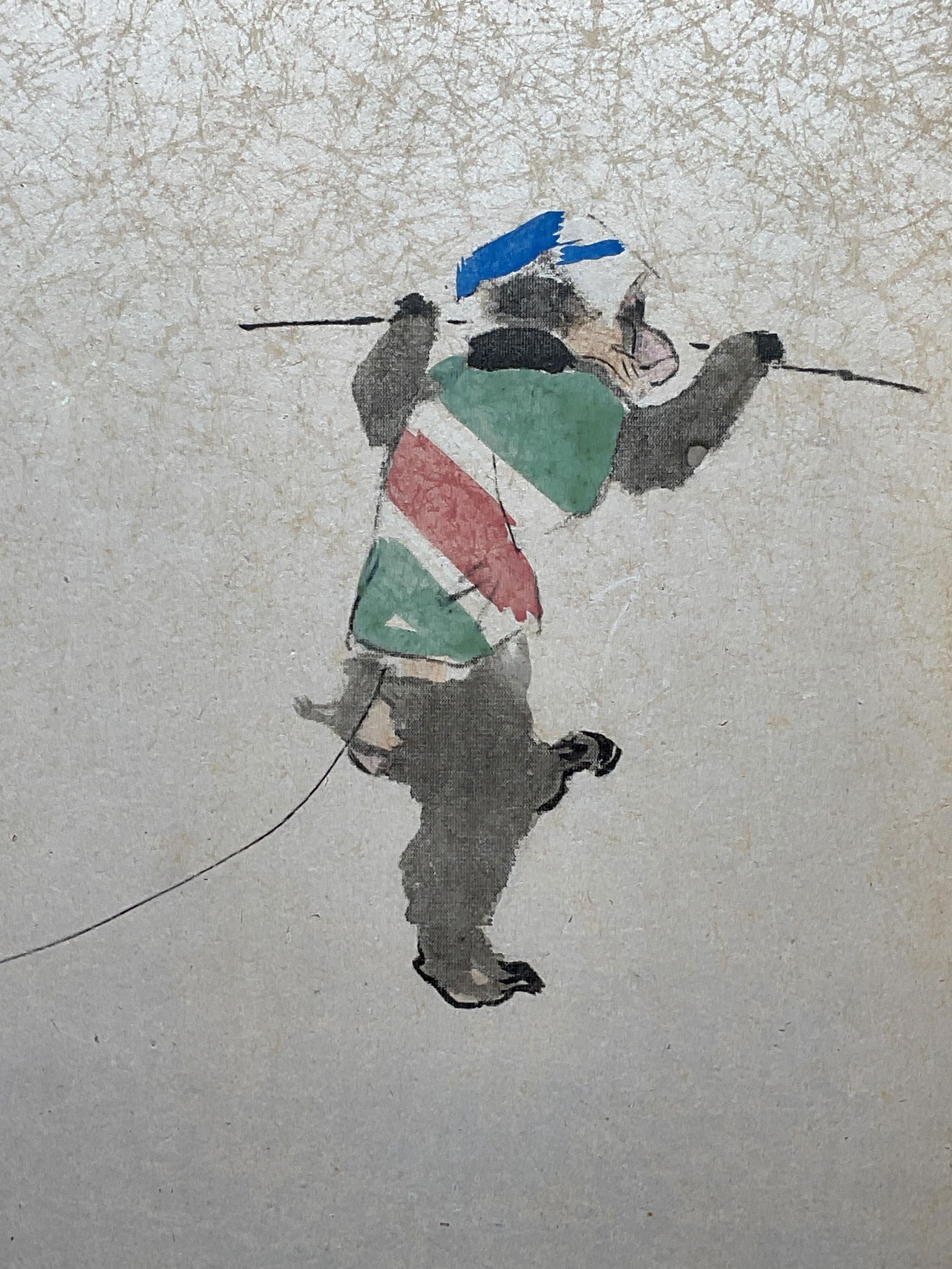 Signed Japanese Monkey Tightrope Painting: Framed Japanese painting mounted on backing. Signed lower left in black with red seal. Medium possibly watercolor or gouache. Monkey with tightrope. Gilt wood frame. Photographed out of frame to show