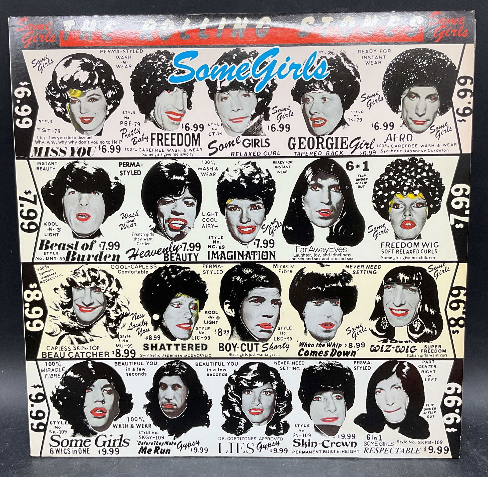 1978 Rolling Stones Some Girls 1st Press Blue: 1978 first American pressing of Some Girls by The Rolling Stones. Atlantic Records. Neutral toned die cut sleeve with colored inner sleeve depicting faces of celebrities. Blue album title variant. Cat