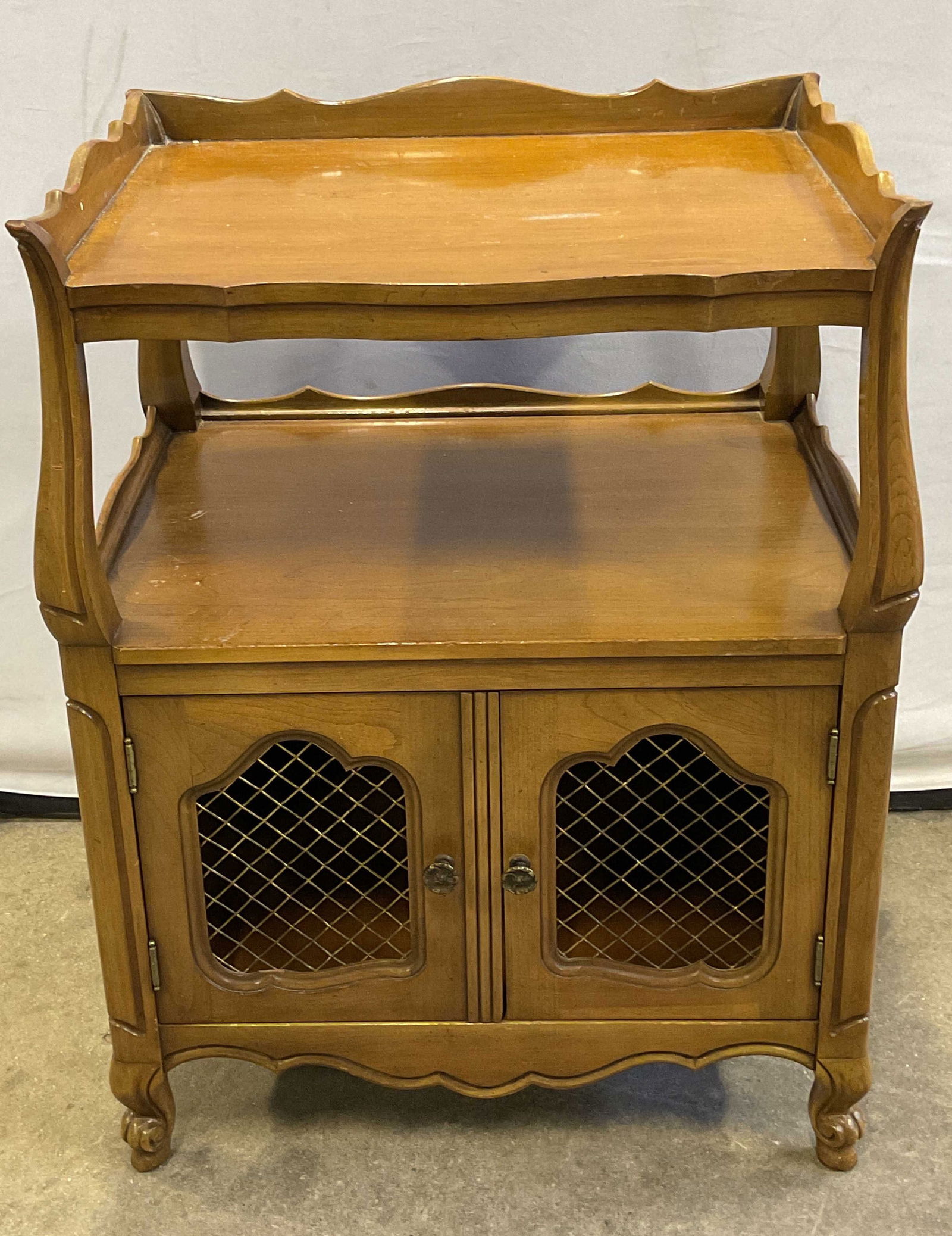 Vintage French Country Wood Side Table: Vintage French country style wood side table with lower shelf and cabinet. Style of Kindel Furniture Borghese line, no visible signature. Measures approx. 21 x 16 x 29.5 inches. wear including scratch