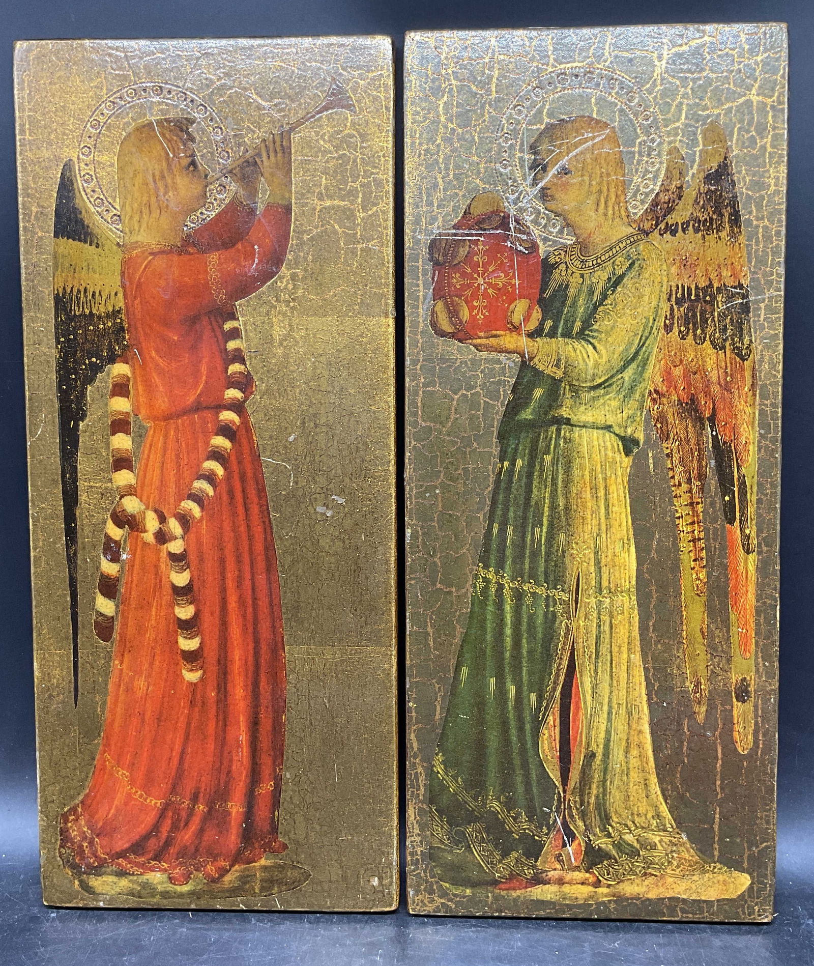 Pair C & A Schwicker Angel Musicians Gilt Panels: Pair of vintage gilt religious wall panels. Signed C & A Schwicker Firenze, made in Italy. Style of Fra Angelico. Annunciatory or Musical Angels. Panels measure approx 15 x 6.25 inches each. Wear