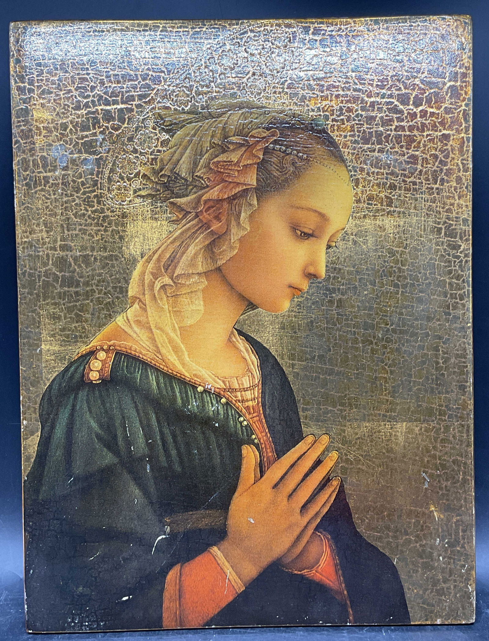 C & A Schwicker After Lipp Madonna in Prayer Panel: Signed vintage C & A Schwicker Firenze religious wall panel. After Fra Filippo Lippi, Madonna in Prayer. Gilt panel with lithograph. Made in Italy. Panel measures approx. 15.75 x 11.75 inches.