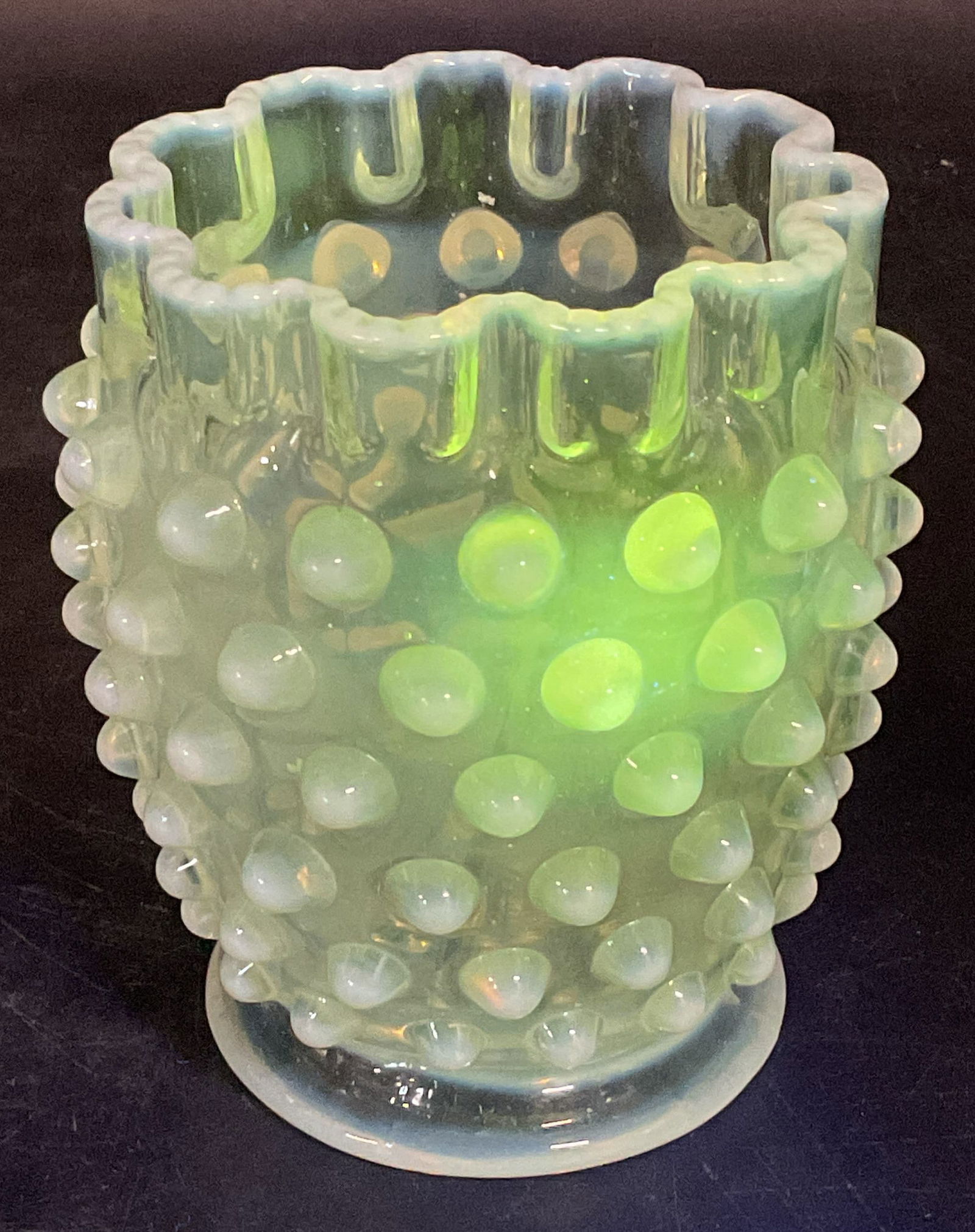 Opalescent Uranium Glass Hobnail Spooner Vase: Vintage, possibly antique, opalescent uranium glass spooner or vase. No visible markings or signatures, style of Elson or Northwood. Hobnail design with scalloped rim. Glass is UV light reactive. Meas