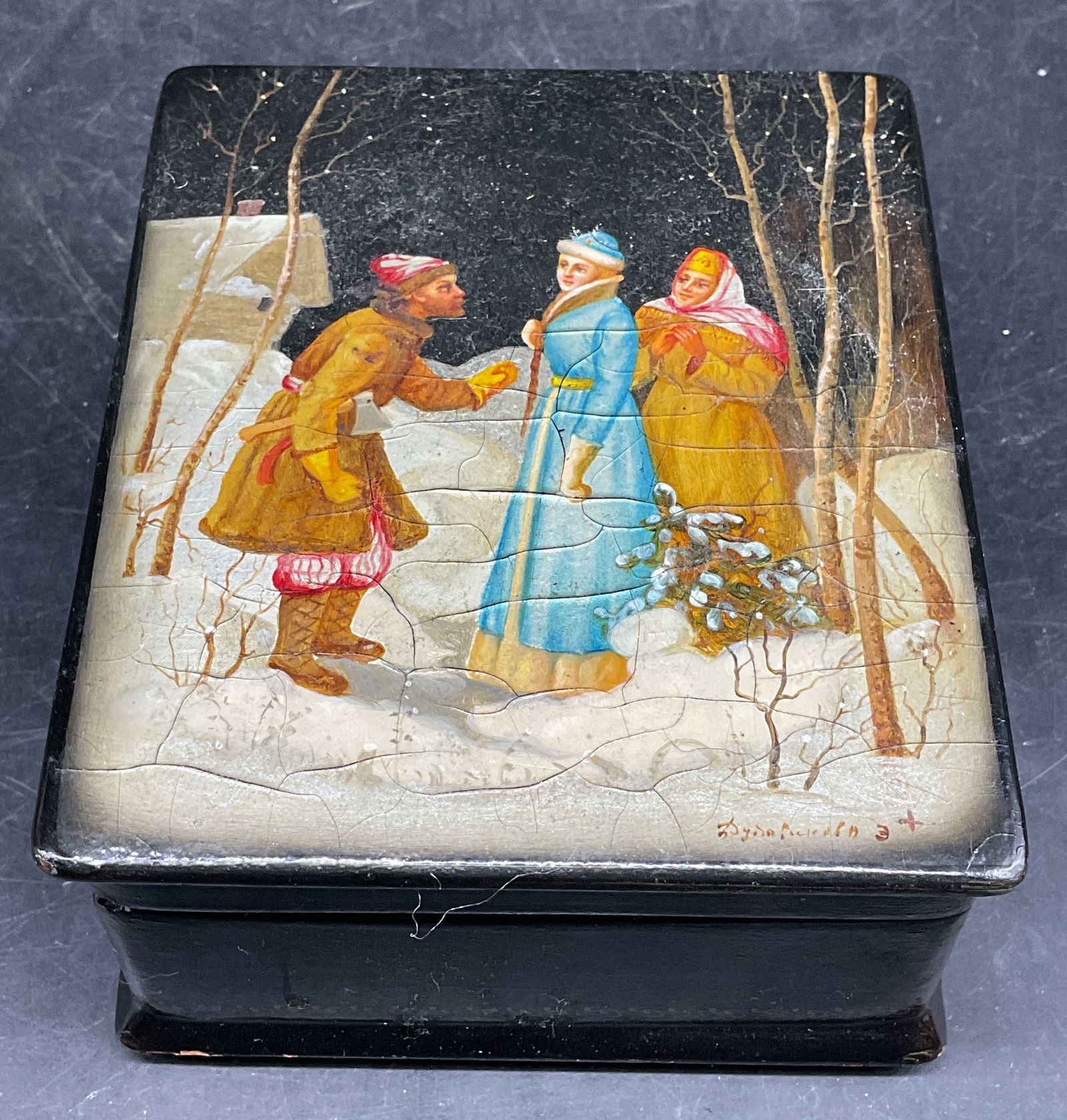 Signed Russian Lacquer Jewelry Box, USSR: Signed Russian lacquerware jewelry box with figure scene on lid. Hand painted. Signed illegibly. Marked made in USSR. Measures approx. 4 x 4.75 x 2.25 inches. Wear including scratching, craquelure. La