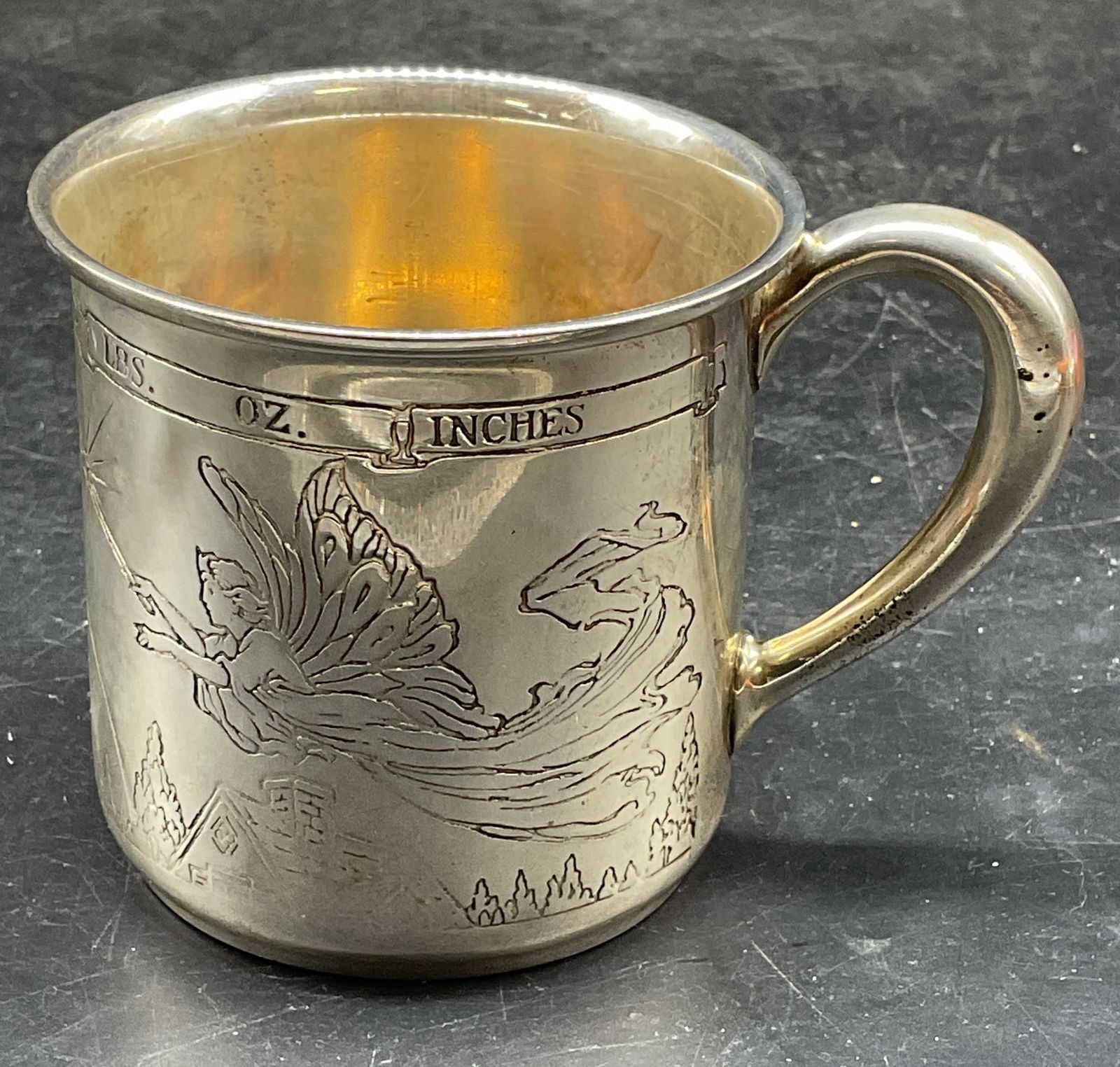 Vintage Sgn Sterling Silver Birth Record Cup: Vintage sterling silver birth record cup. Exterior does not have personal inscriptions engraved. Underside with personal inscription engraved. Cup measures approx. 2.75 x 2.75 inches. Marked sterling.