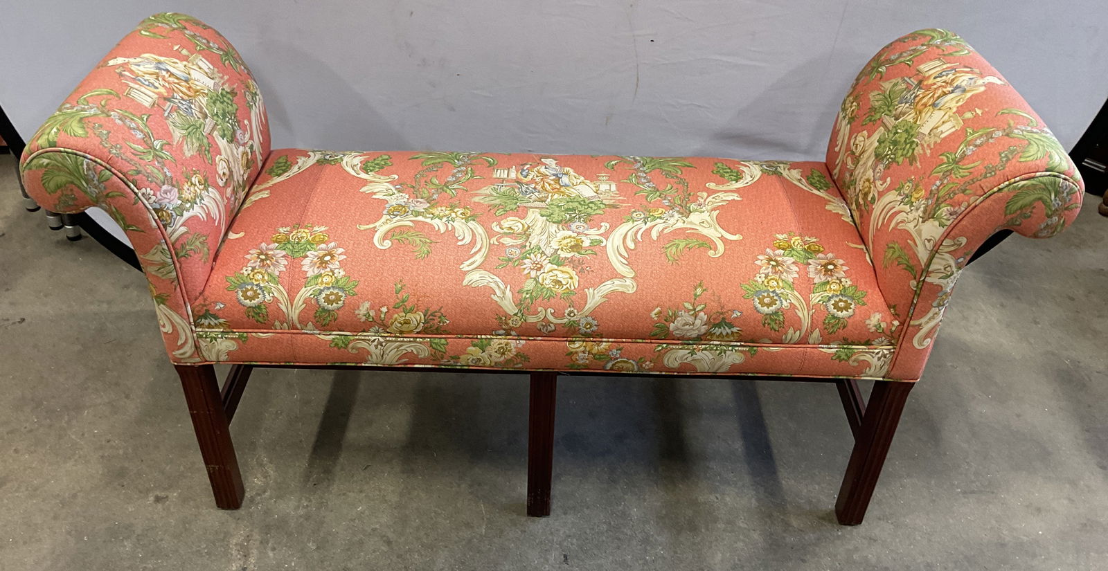 Hancock & Moore Chinoiserie Window Bench: Hancock & Moore window bench with scrolled arms, wood frame and chinoiserie print red fabric upholstery. Signed. Measures approx. 50 x 16.5 x 26 inches. Some wear including scratching. Hancock and Moo