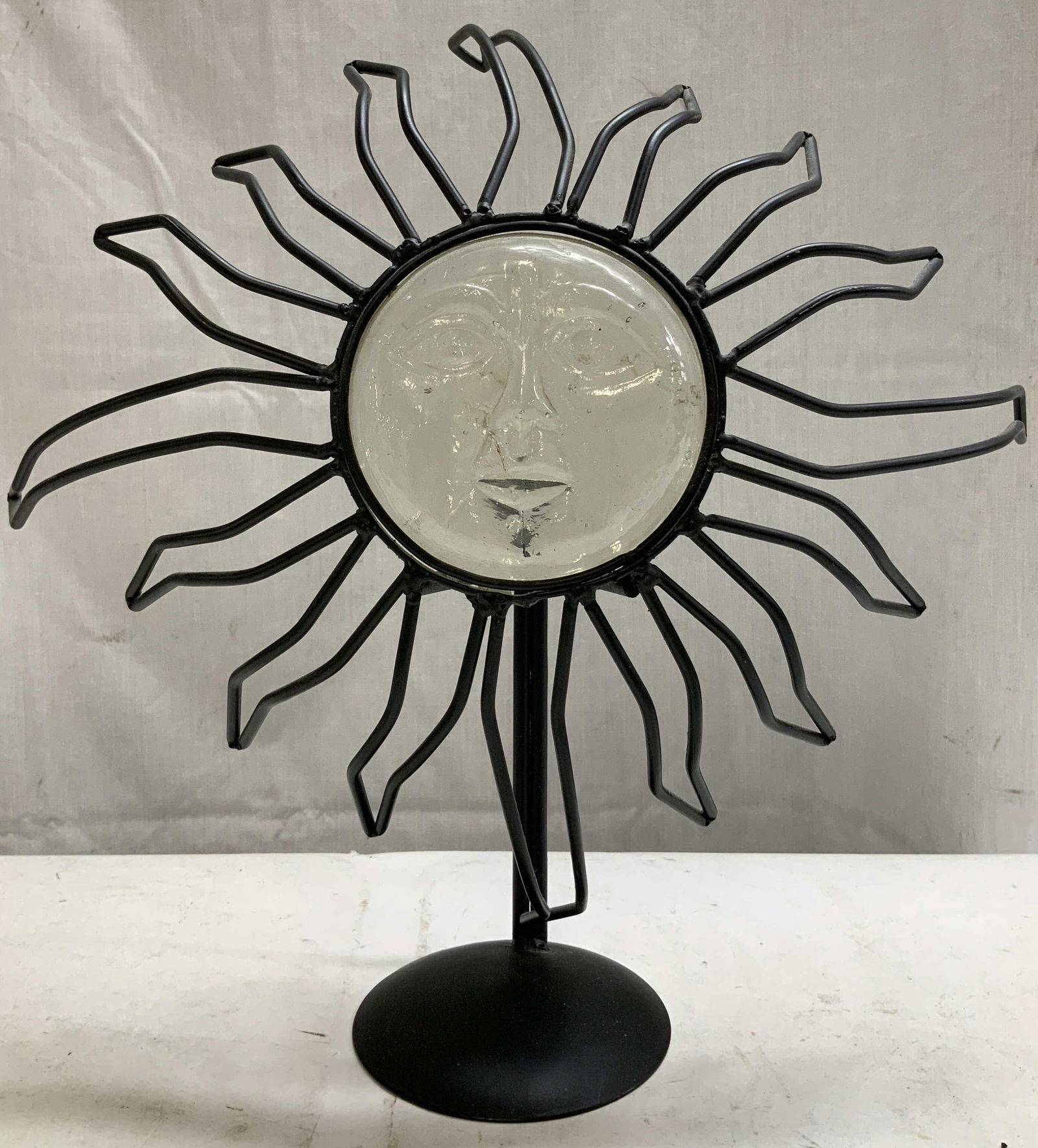 Vtg Metal & Glass Sun Face Candle Holder: Vintage candle holder is made of metal & glass. Features a molded glass sun face insert. No visible signature or markings. Sold as is. Surface wear consistent to age, use & exposure.