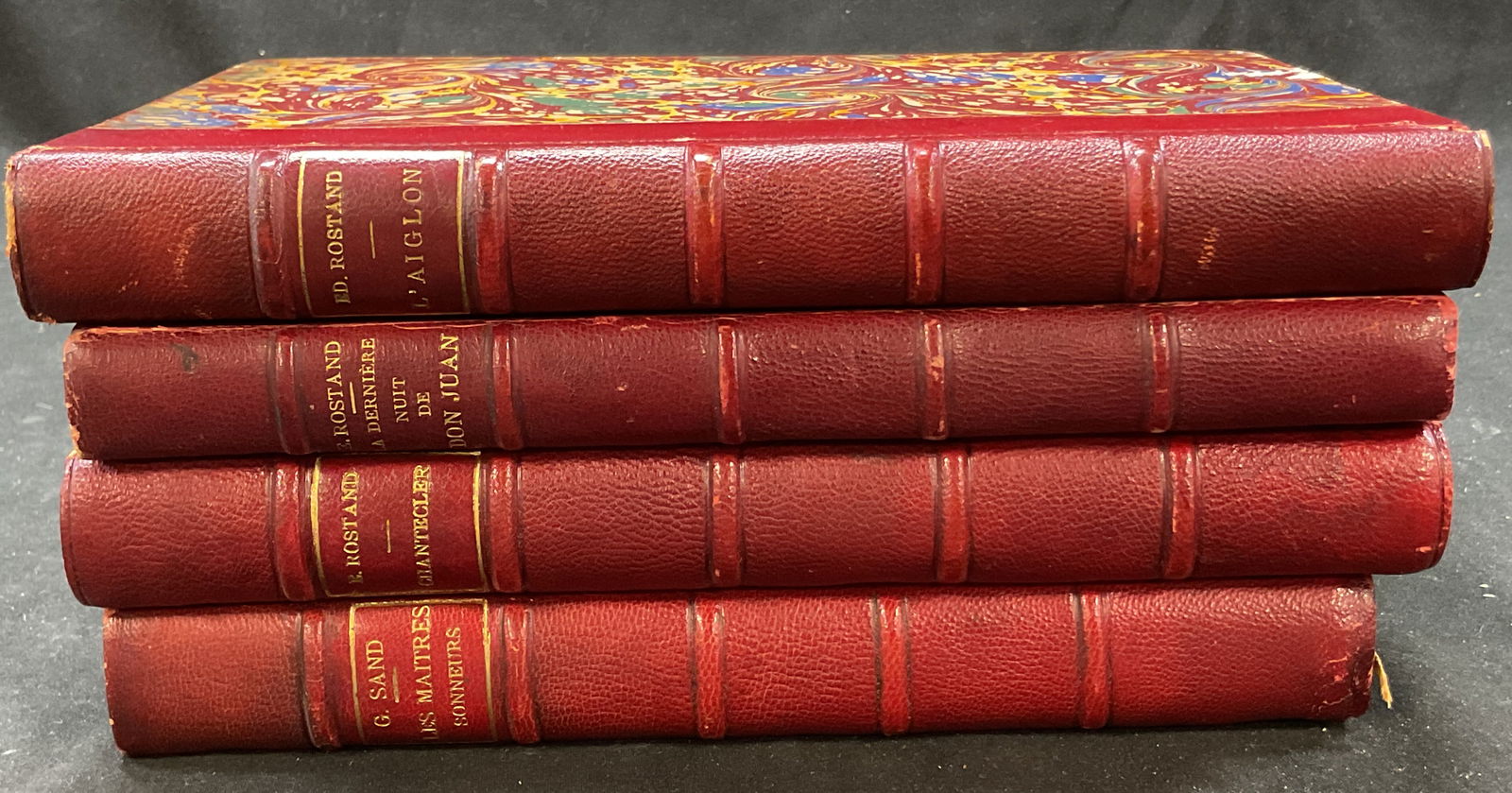 Lot 4 Antq Lthr&Gilt Books 1890s-1920s Rostand+: Lot of 4 books. Antique leather bound gold embossed marbled books. LAiglon by Edmond Rostand, published by Eugene Fasquelle, 1902. La Derniere Nuit De Don Juan by Edmond Rostand, published by Eugene F