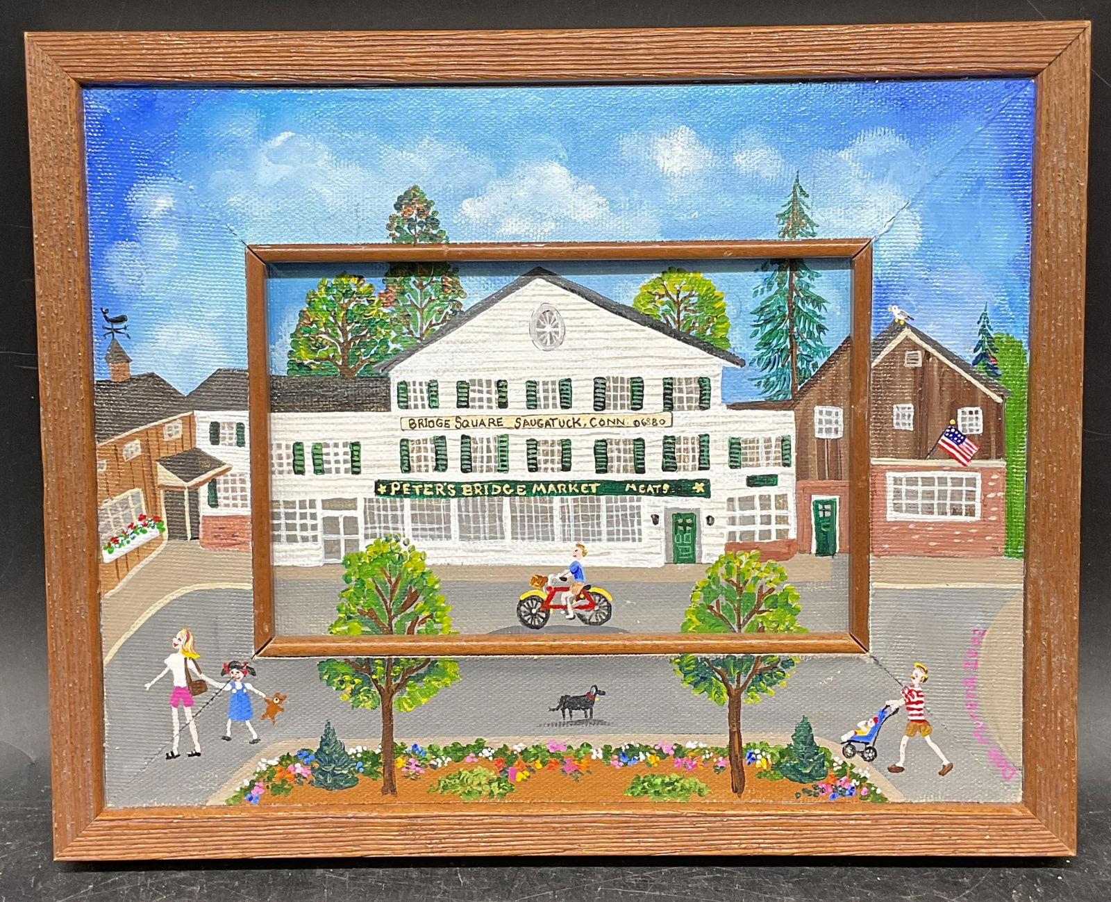 Framed Dale Murena Market Scene Oil Painting: Framed oil on canvas painting. Labeled on verso, Dale Murena (American, 20th century. Signed lower right on frame. Peters Bridge Market. Market scene with figures. Painted wood frame. Not examined out