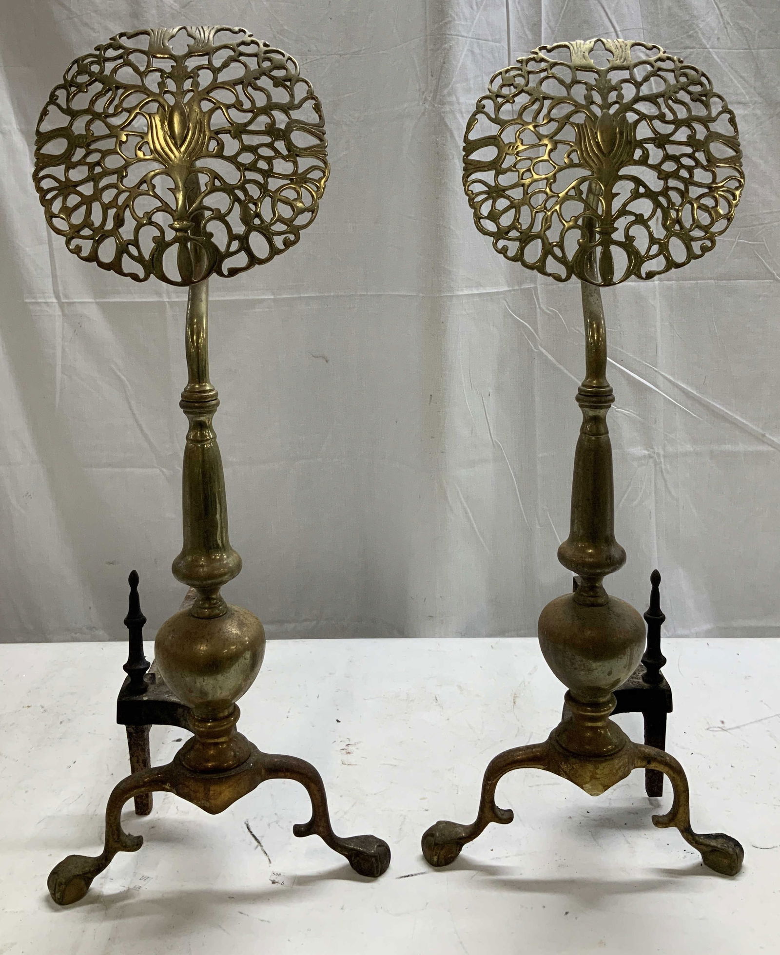 Pair Antique Ornate Brass & Iron Andirons 25in (1 of 6)