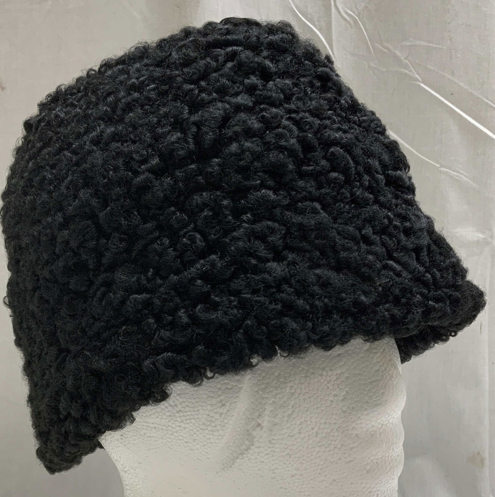 Vtg Brooks Brothers Persian Lamb Fur Hat: Vintage brooks brother bucket style hat features black dyed Persian lamb fur. Signed & marked. Reads, BROOKS BROTHERS. ESTABLISHED 1818. DYED PERSIAN LAMB. FUR ORIGIN? U.S.S..R. 7 1/8. Surface