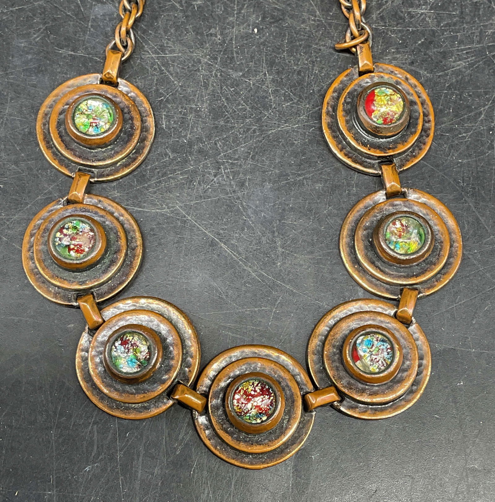 Vtg Rebajes Copper Art Glass Choker Necklace: Vintage signed Rebajes copper medallion choker necklace with art glass cabochons. Drop length approx 6 inches. Some scratching. Jewelry, estate jewelry, costume jewelry, cocktail jewelry, fashion
