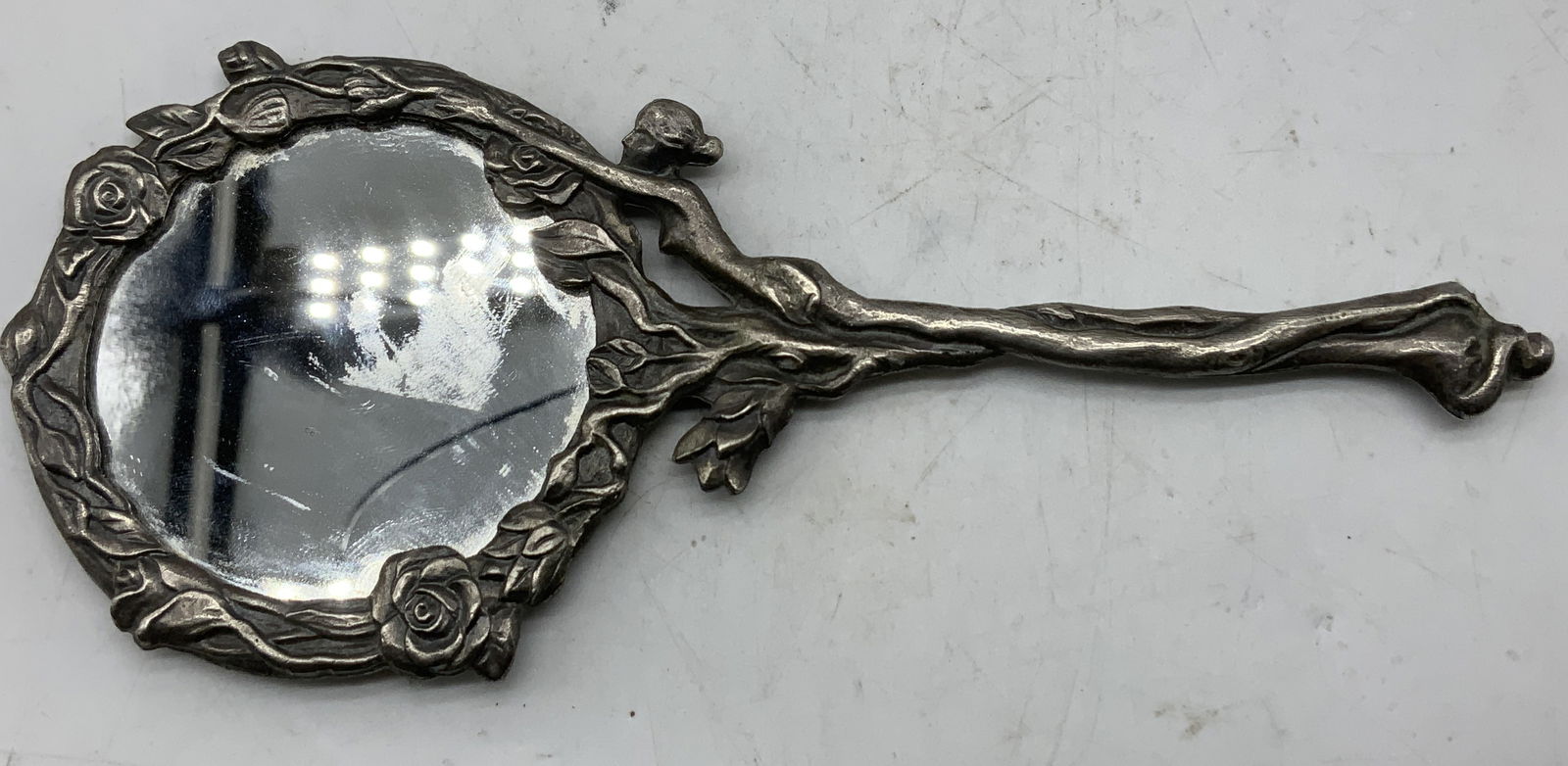Vtg Art Nouveau Style Ornate Hand Mirror: Vintage hand mirror features floral motifs & a female figure. Appears to be pewter material. Art nouveau style. Surface wear consistent to age, use & exposure. Measurements: length 7.5 in x width