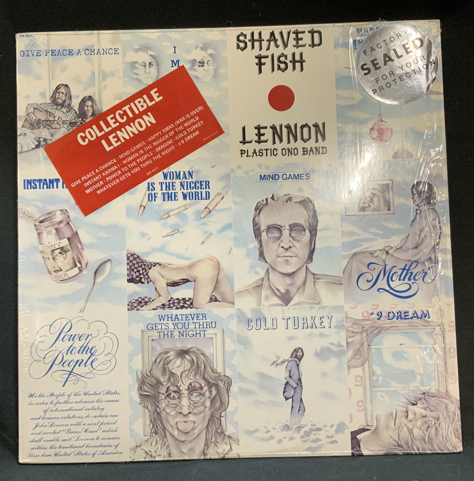 1975 Shaved Fish John Lennon Vinyl Record: Vinyl record of Shaved Fish by John Lennon/Plastic Ono Band, released in 1975. Still with original plastic. Front cover of vinyl features hits. Record has not been played. Surface wear consistent to a