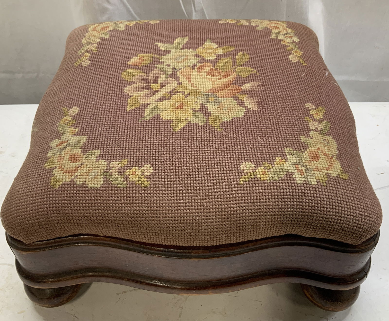 Antique Pink Floral Needlepoint Foot Stool (1 of 8)