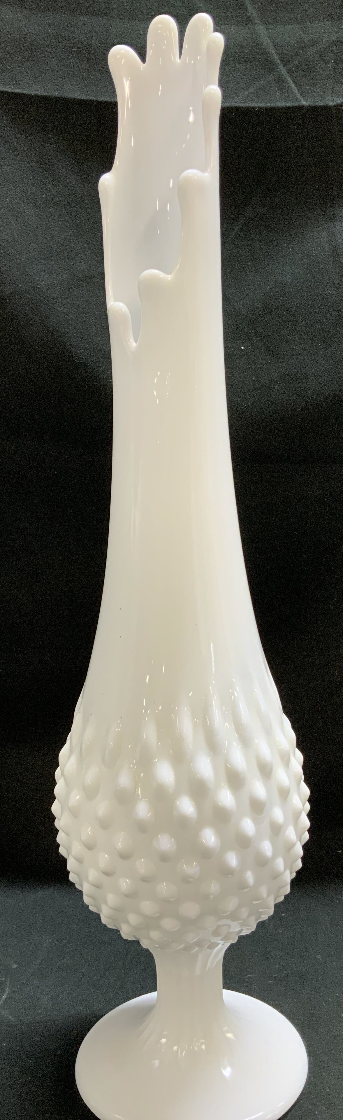 Vtg Milk Glass Hobnail Swung Vase: Vintage milk glass swung vase features a hobnail pattern on lower body & tall slender neck. Round base. No visible signature or markings. Surface wear consistent to age, use & exposure. Measurements: