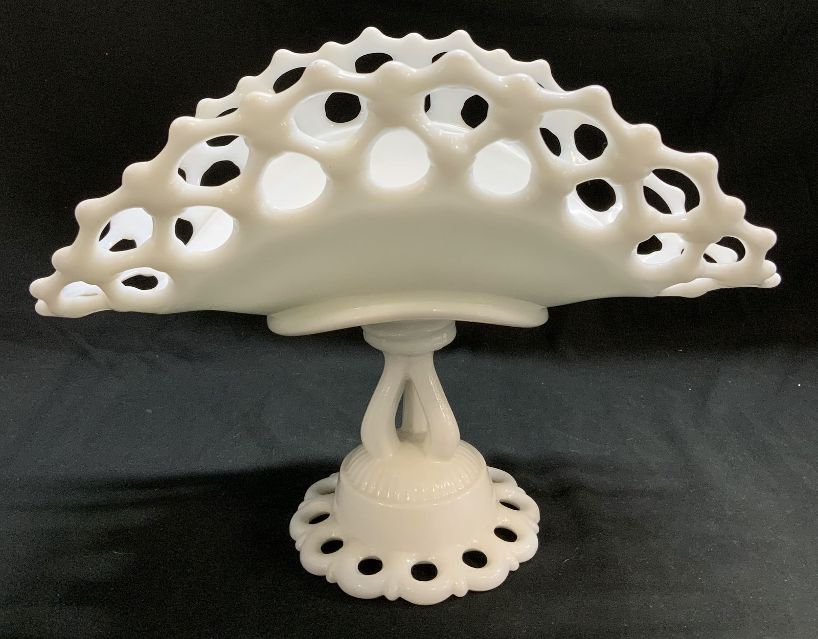 Vntg Milk Glass Pedestal Fruit Bowl 8.5in: Vintage milk glass pedestal fruit bowl features a distinctive openwork rim. Pedestal base. Surface wear consistent to age, use & exposure. Measurements: length 11.5in x width 6.7in x height 8.6in. Vin