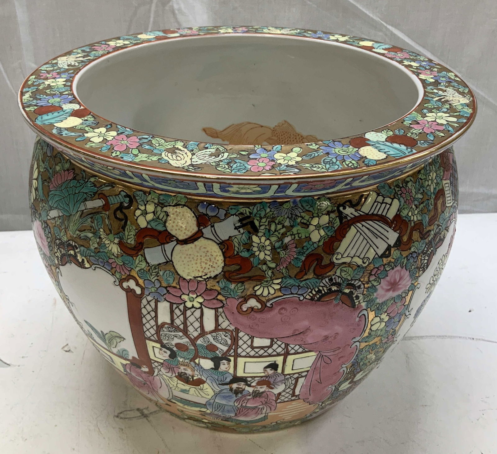 Vtg Asian Famille Rose Porcelain Planter: Vintage Asian Famille rose style planter features various Asian figs & extensive floral detailing. Gilt accents. Interior of planter features koi fish motifs. Surface wear consistent to age, use & exp