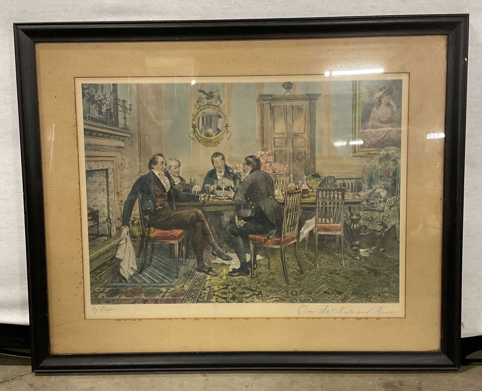 Antique Sadler Over Nuts & Wine Color Etching 23in: Framed and matted antique hand colored etching. Signed lower left, Walter Denny Sadler (British, 1854-1923). Over the Nuts and Wine. Group of men seated at a table. Black wood frame. Not examined out