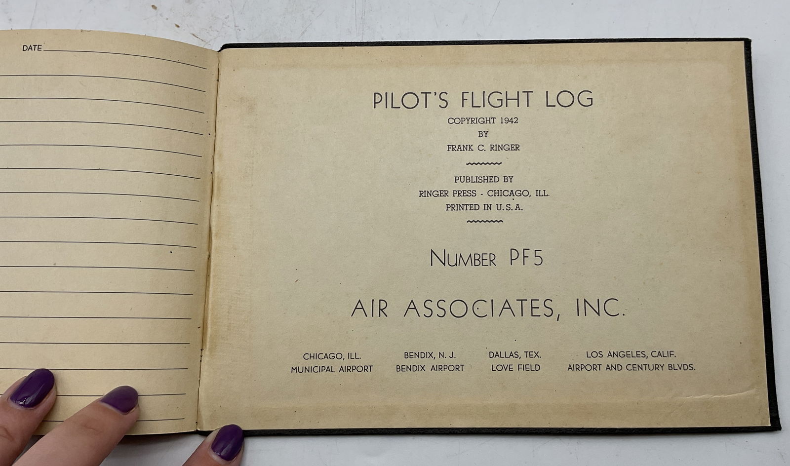 1942 Pilots Flight Log Book Olsson: 1942 Pilots Flight Log book. Published by Ringer Press, 1942. Black hard cover leather bound book. Flight log tracked by pilot F. O. Olsson. Reading various words and numbers. Dates are from 1940s. Me