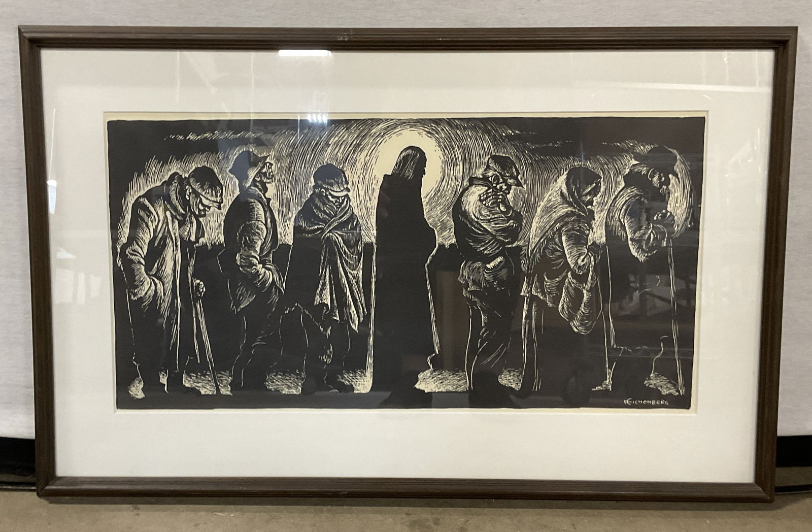 Eichenberg Christ of the Breadlines Print 26in: Framed print on paper. Possibly woodcut. Signed in the plate, Fritz Eichenberg (German/American, 1901-1990. Christ of the Breadlines. Jesus Christ standing with people waiting for food. Black wood fra