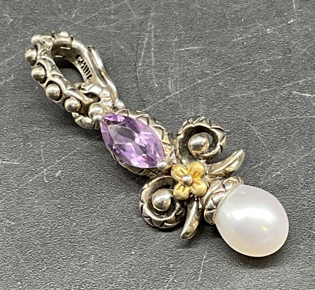 Bixby Sterling 18K Pearl Amethyst Pendant: Signed Bixby Sterling silver and 18k gold pendant with pearl and amethyst. Measures approx. 1.5 x .5 inches. Marked sterling and 18k. Total weight 3.5 grams. Some scratching. Jewelry, estate jewelry,
