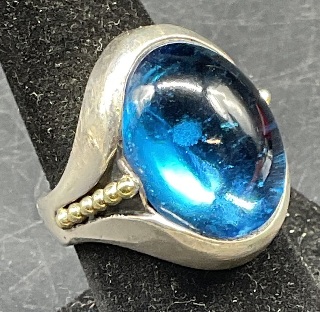 Caviar Sterling Silver 18K Gold Topaz Ring: Signed Caviar sterling silver and 18k gold bead ring with topaz cabochon. Ring size 6.5. Marked sterling, 18k. Total weight 16.2 grams. Some scratching. Jewelry, estate jewelry, fine jewelry, cocktail