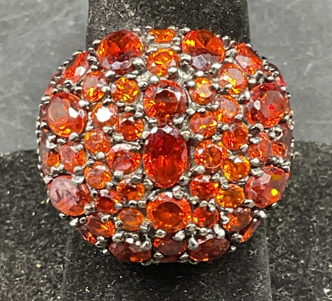 Vtg Sterling Silver Semiprecious Dome Ring: Vintage sterling silver dome band ring with orange semiprecious stones. Ring size 8. Total weight 15.6 grams. Marked sterling. Some scratching. Jewelry, estate jewelry, fine jewelry, cocktail jewelry,