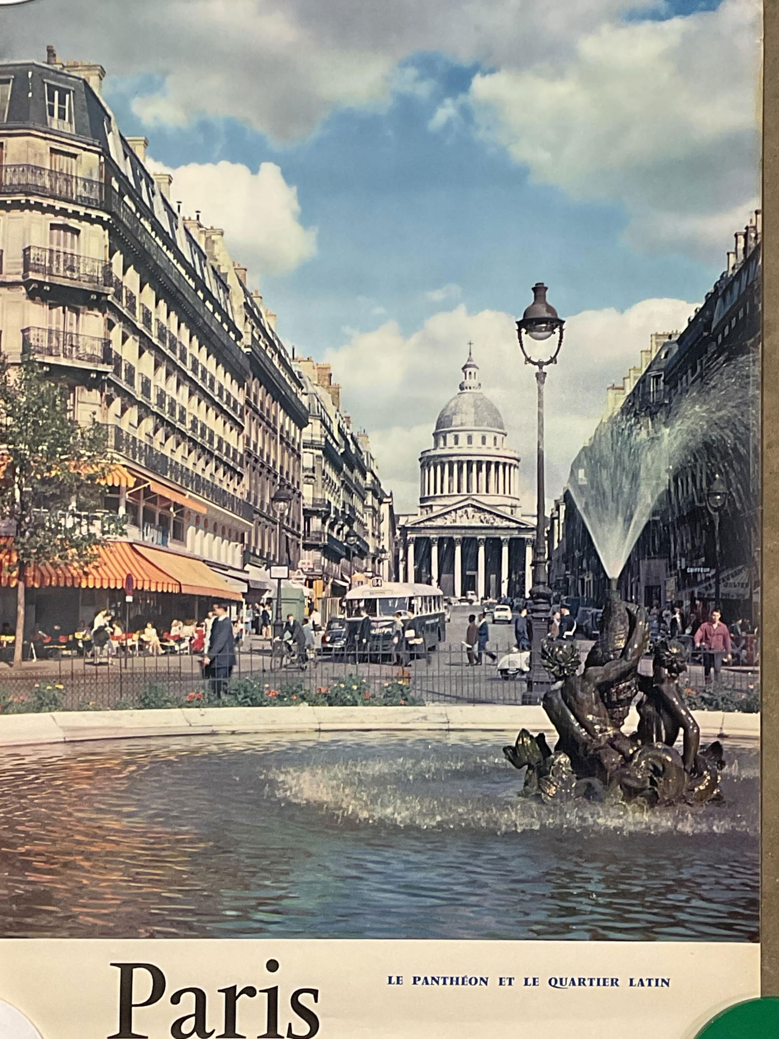 Vintage 1950s French Latin Quarter Poster 23.75in: Vintage circa 1950s French tourism poster. Paris, Latin Quarter. Street scene. Pantheon building. Published by and for the French government. Measures approx. 23.75 x 15.75 inches. Some creasing and f