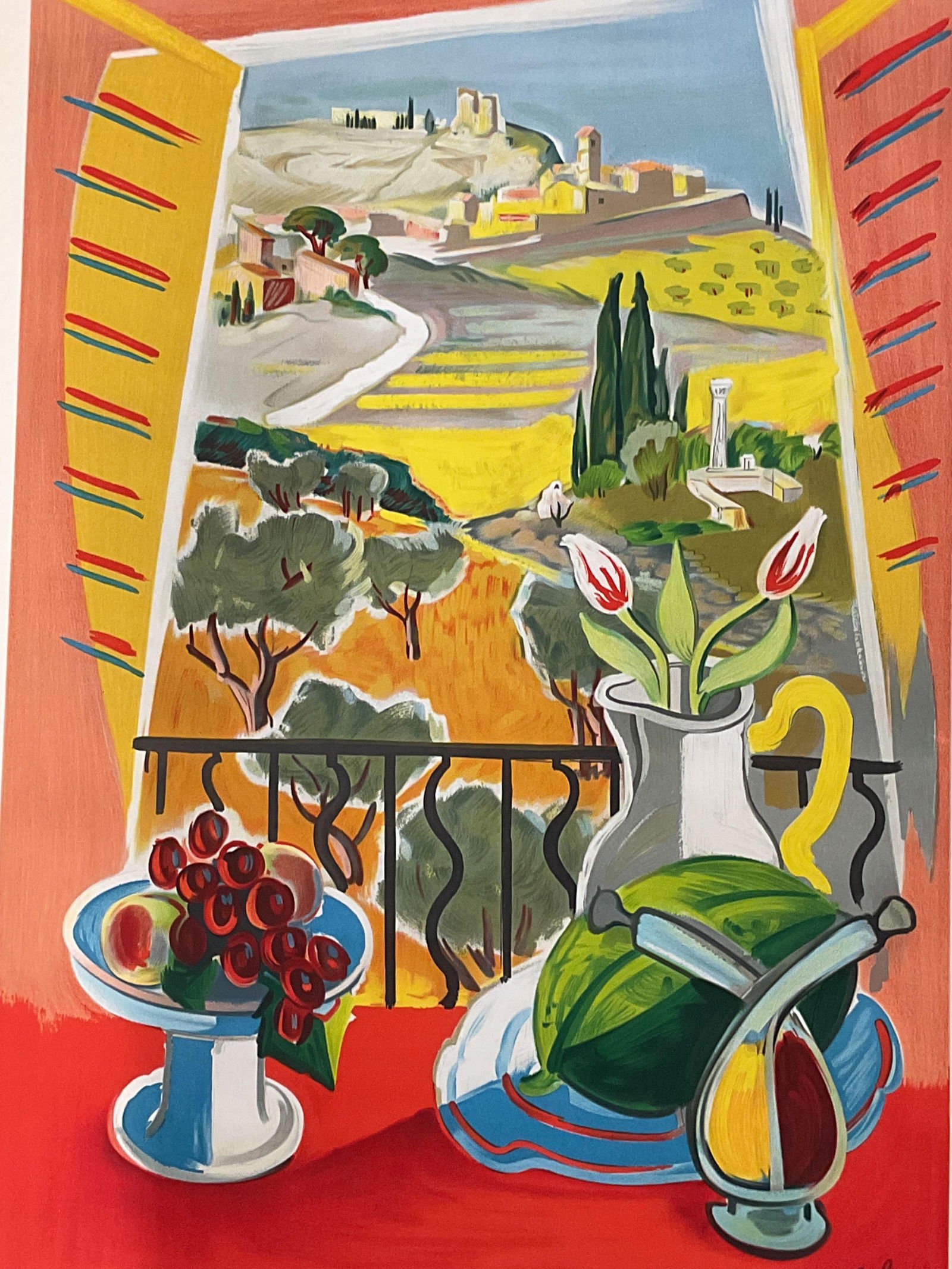 Vtg France Provence Railroads Travel Poster 39.25i: Vintage circa 1952 French National Railroads travel poster. Provence. Artwork by Tal. View of French country with fruit and flowers. Printed by and for the French National Railways. Editions Paul Mart