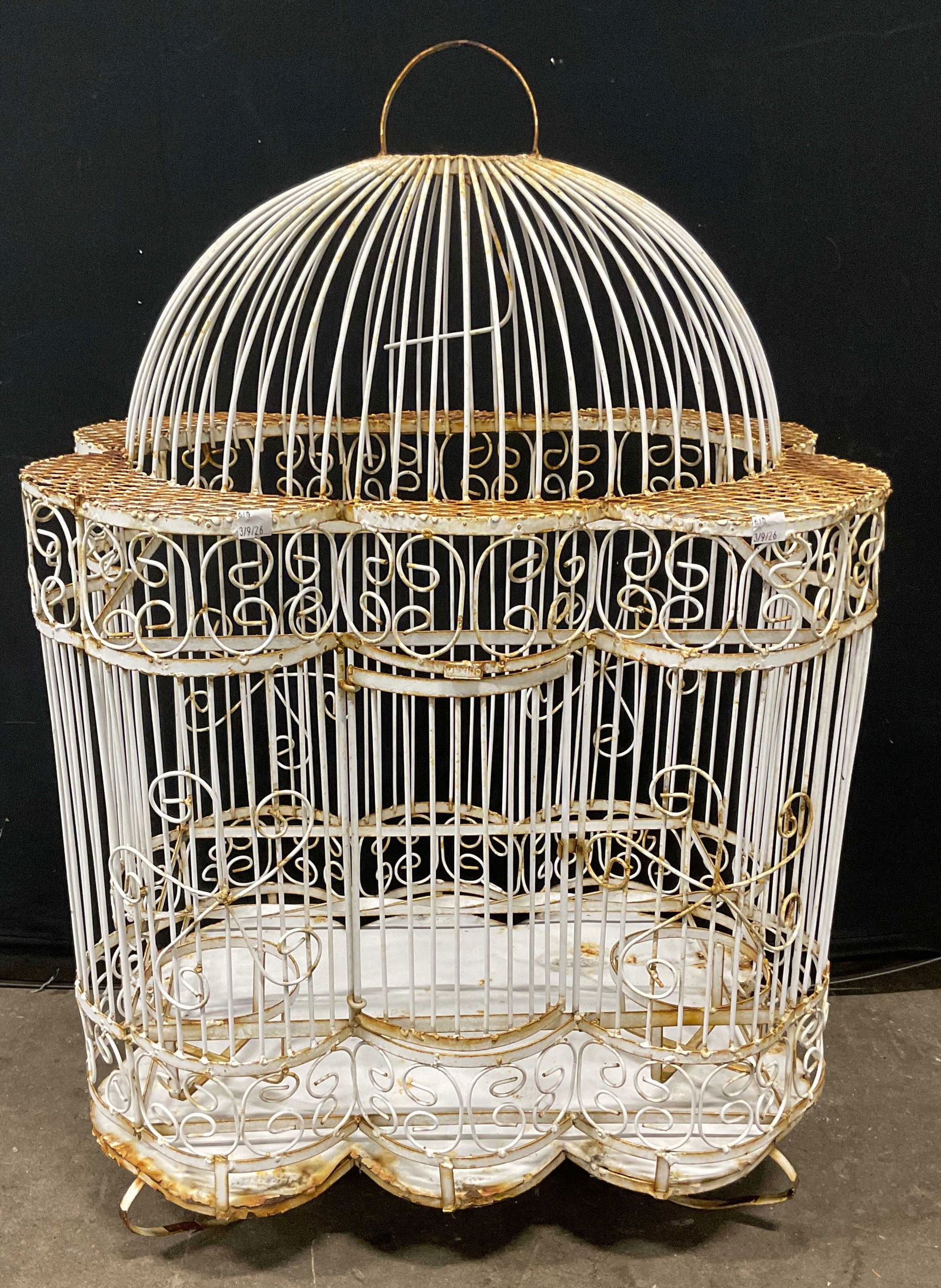 Antique White Iron Wire Scroll Birdcage 33in: Antique white iron scroll wire frame birdcage. Measures approx. 21 x 16.5 x 33 inches. Wear including patina, scratching, warping, loss to paint. Birdcage, antique birdcage, white birdcage, wire