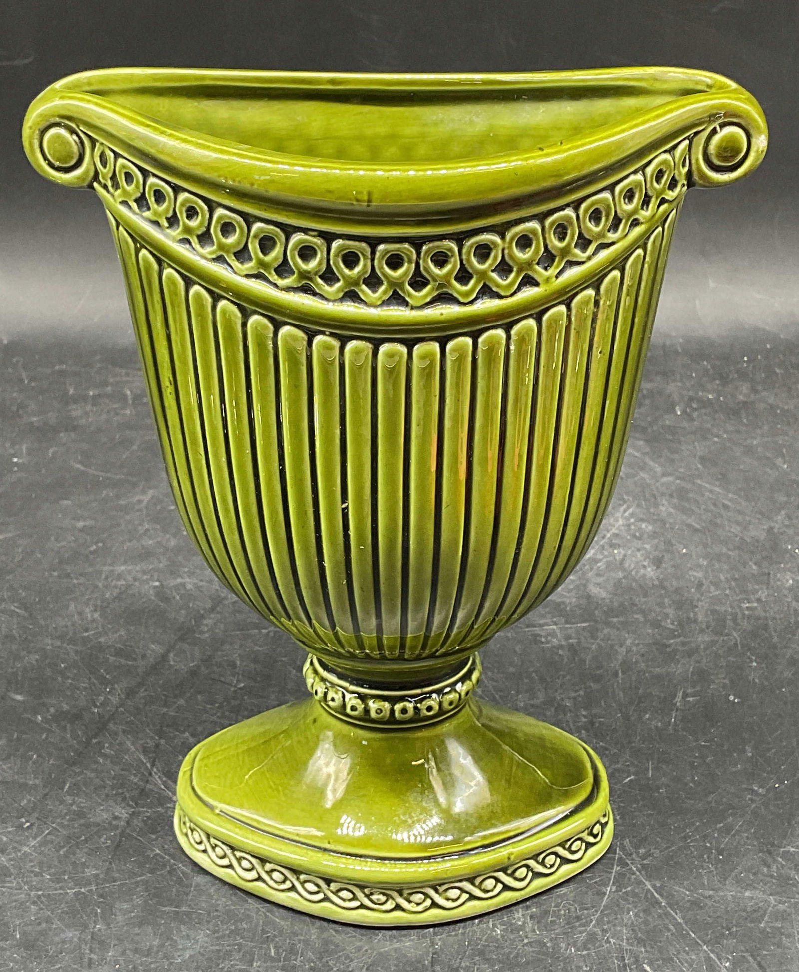 Capri by Brody Green Ceramic Urn Planter Japan: Vintage Capri by E O Brody N 394 ceramic urn shaped planter in avocado green. Signed. Made in Japan. Measures approx. 5.5 x 3.5 x 6.5 inches. Some scratching. Capri planter, Brody planter, ceramic pla