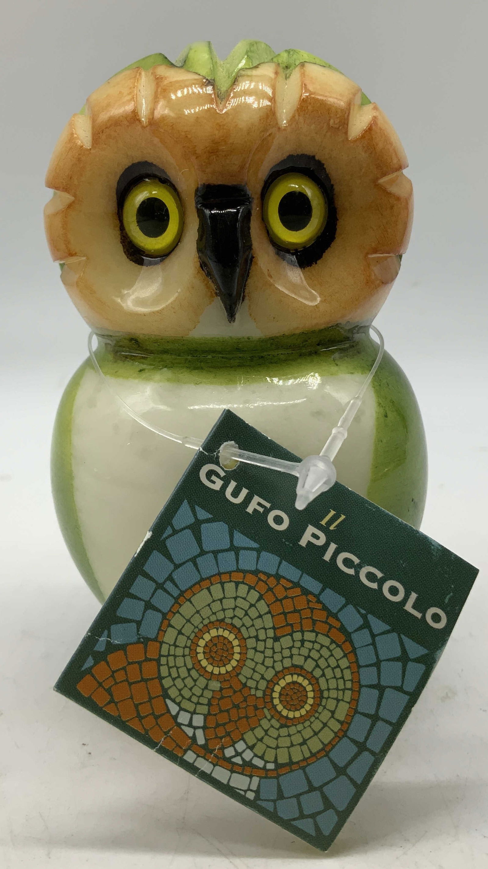Gufo Piccolo Green Alabaster Owl Paperweight ITALY: Gufo Piccolo owl paperweight is made of genuine alabaster & is hand painted by Ducceschi. Green, orange & white tones. Comes with tags. Surface wear consistent to age, use & exposure. Signed & marked