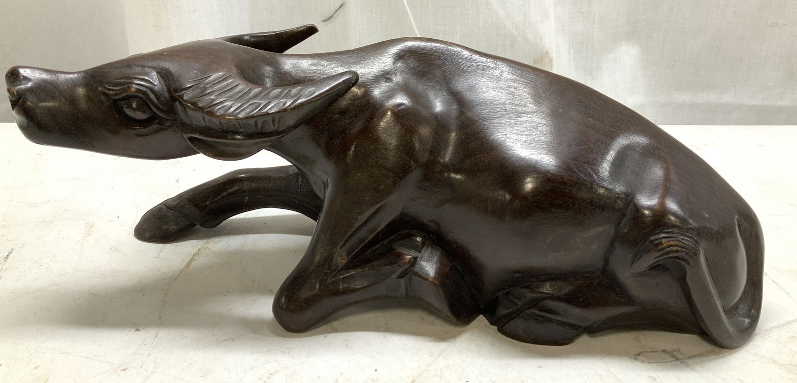 Vtg Hand Carved Wooden Water Buffalo Sculpt: Vintage hand-carved wooden water buffalo sculpture, featuring a resting pose with detailed carving of horns & face. No visible signature or markings. Surface wear consistent to age, use &
