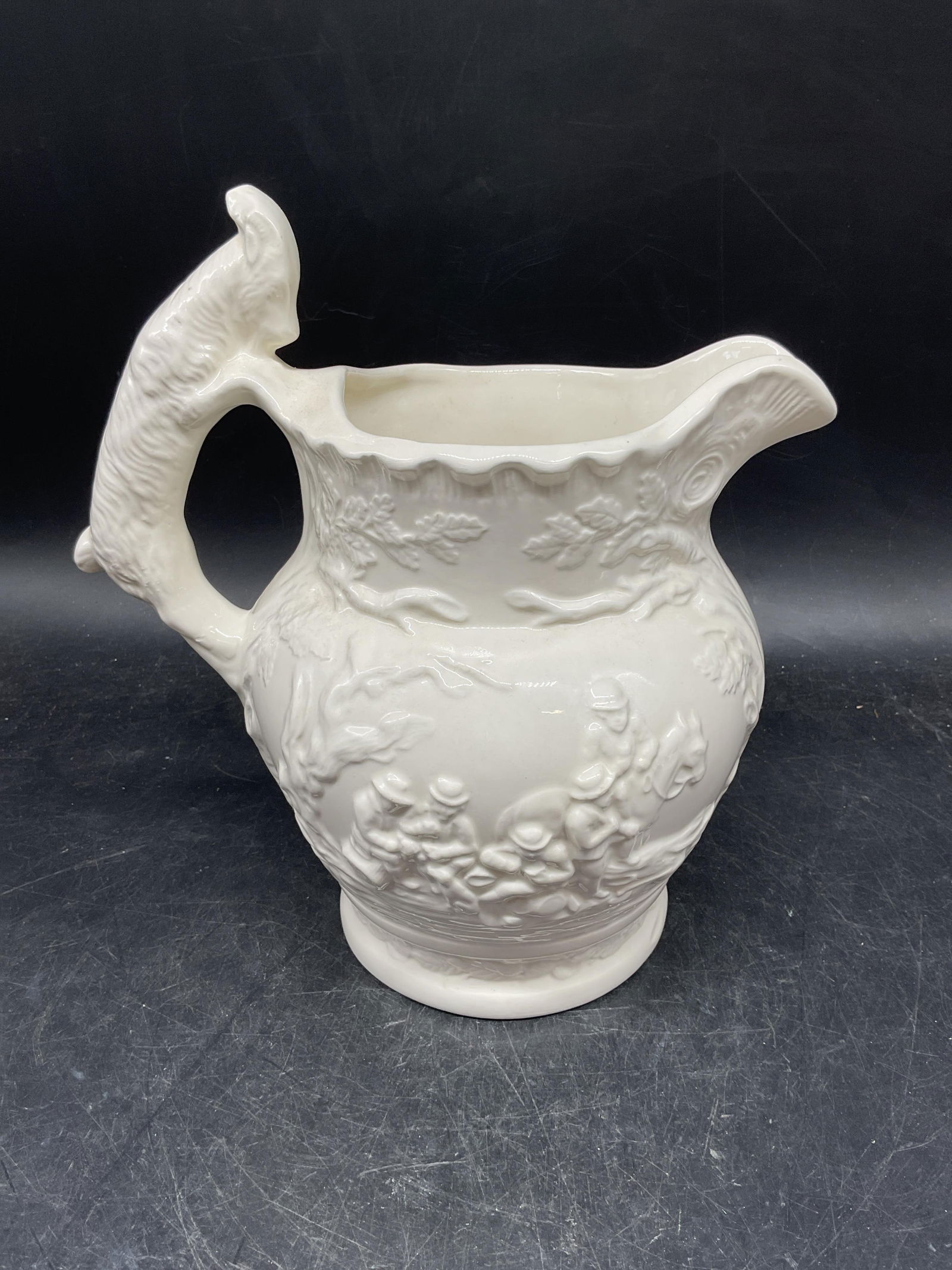 Signed White Ceramic Hunt Scene Pitcher - 3