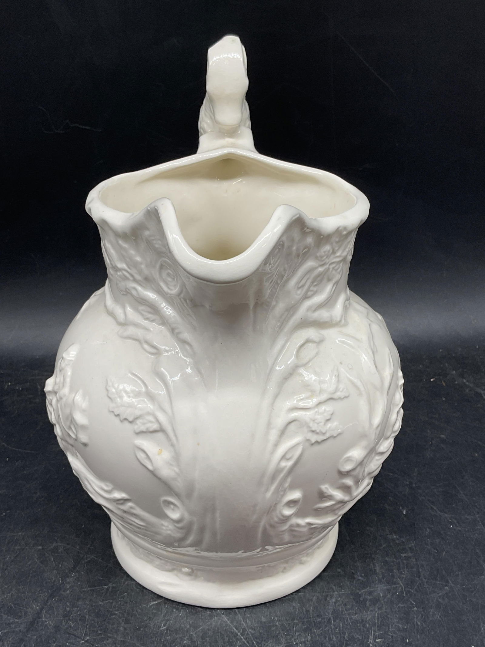 Signed White Ceramic Hunt Scene Pitcher - 4