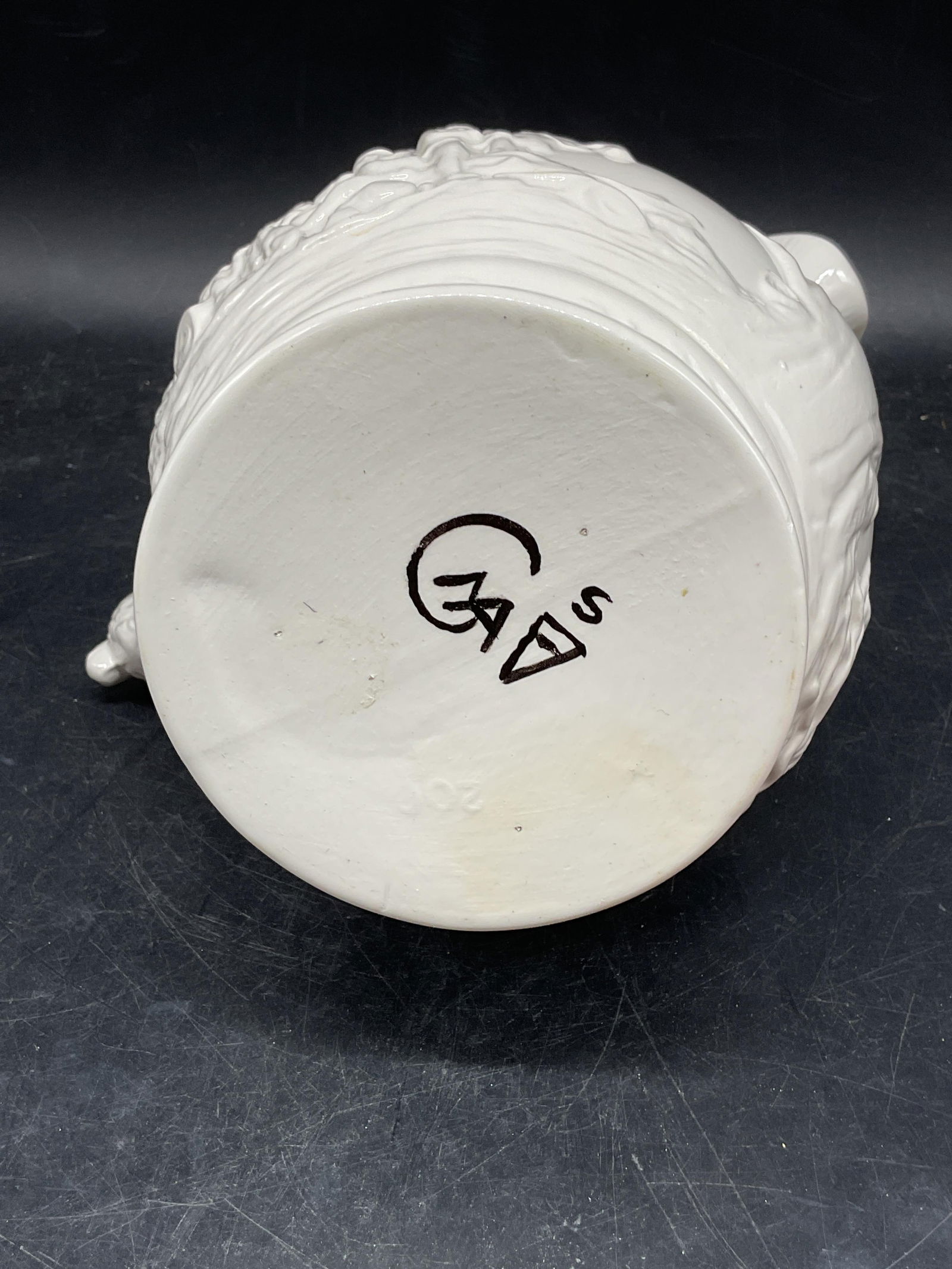 Signed White Ceramic Hunt Scene Pitcher - 6