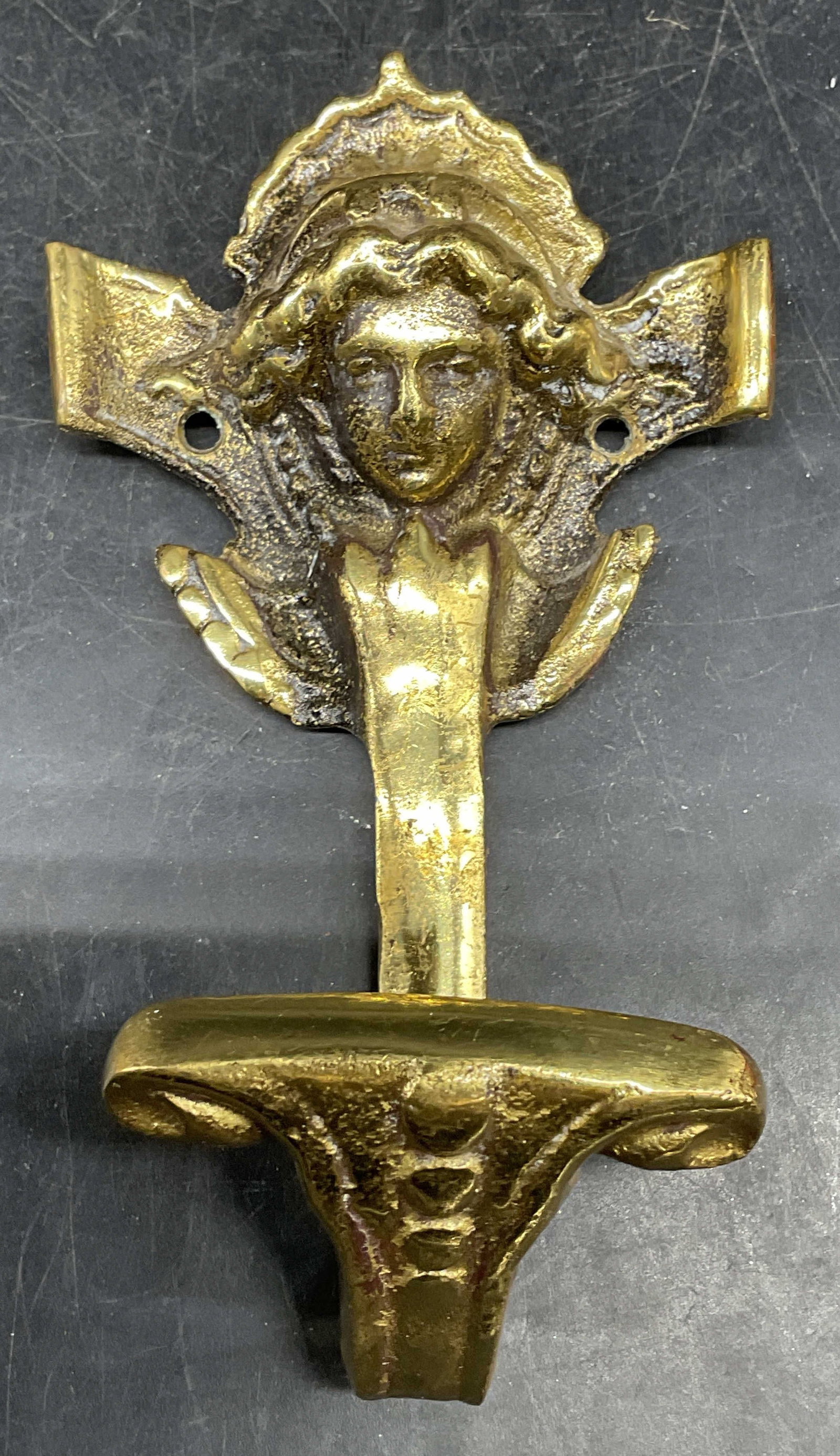 Vintage Classical Woman Brass Wall Hook Japan: Vintage classical style brass wall hook with a womans head. Measures approx. 5.5 x 3 inches. Made in Japan. Some scratching and patina. Wall hook, classical style wall hook, brass wall hook, woman wal
