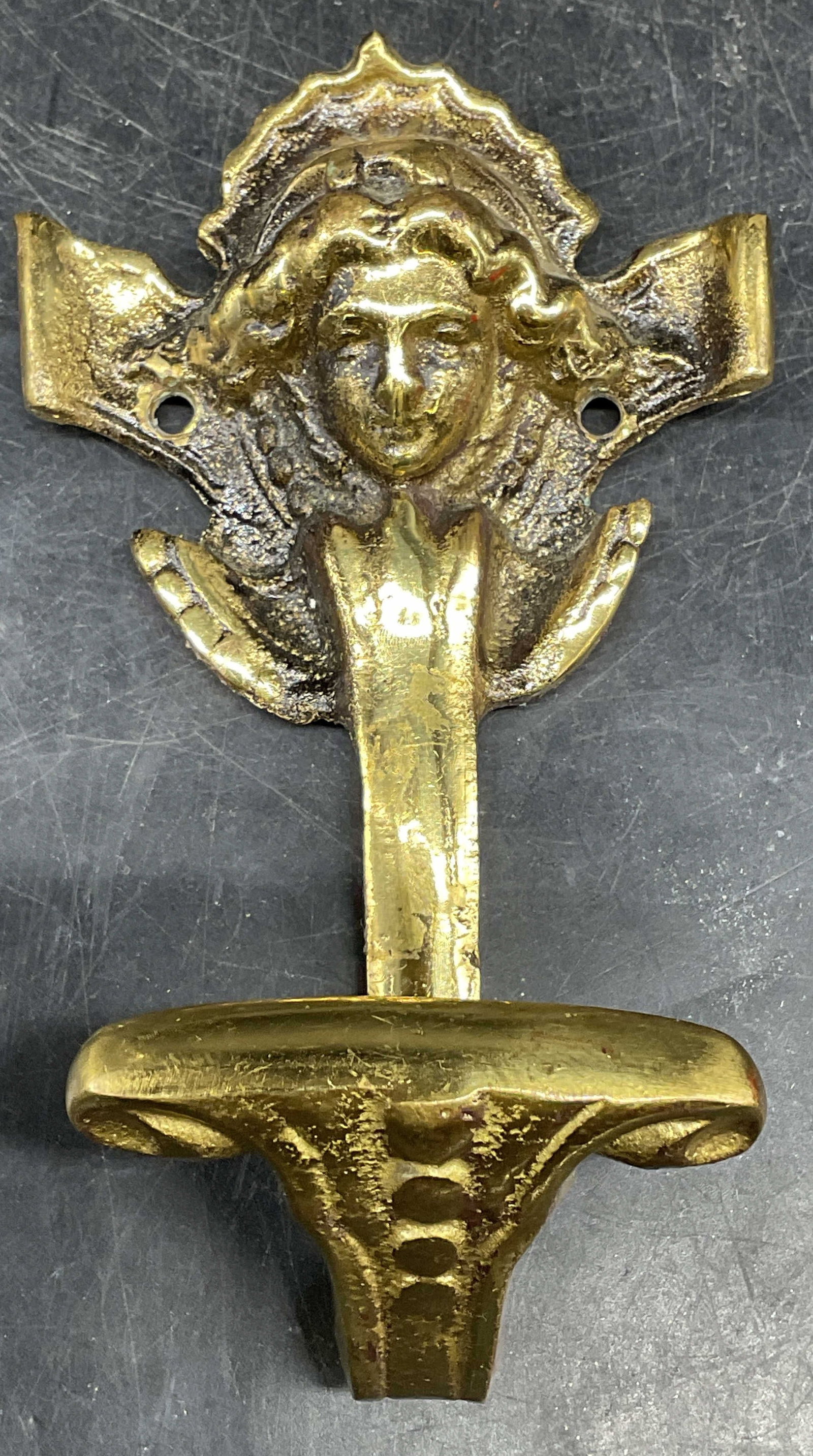 Vintage Classical Woman Brass Wall Hook Japan: Vintage classical style brass wall hook with a womans head. Measures approx. 5.5 x 3 inches. Made in Japan. Some scratching and patina. Wall hook, classical style wall hook, brass wall hook, woman wal