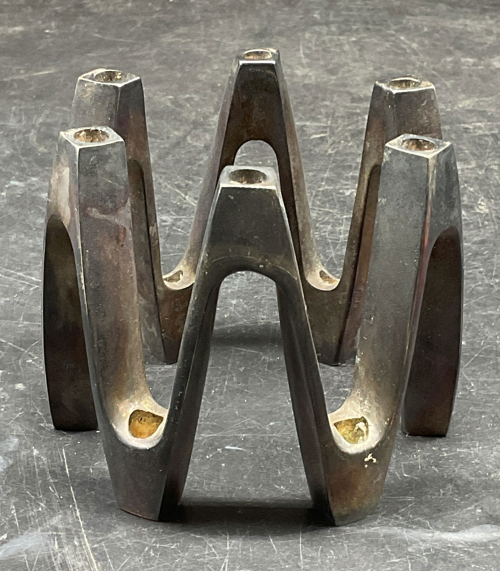 Vtg DANSK Silver Plated Crown Candle Holder: Vintage signed DANSK silver plated crown candle holder. Designed in France. Measures approx. 3.5 x 3.25 inches. Wear including scratching and patina. DANSK candle holder, silver plated candle holder,