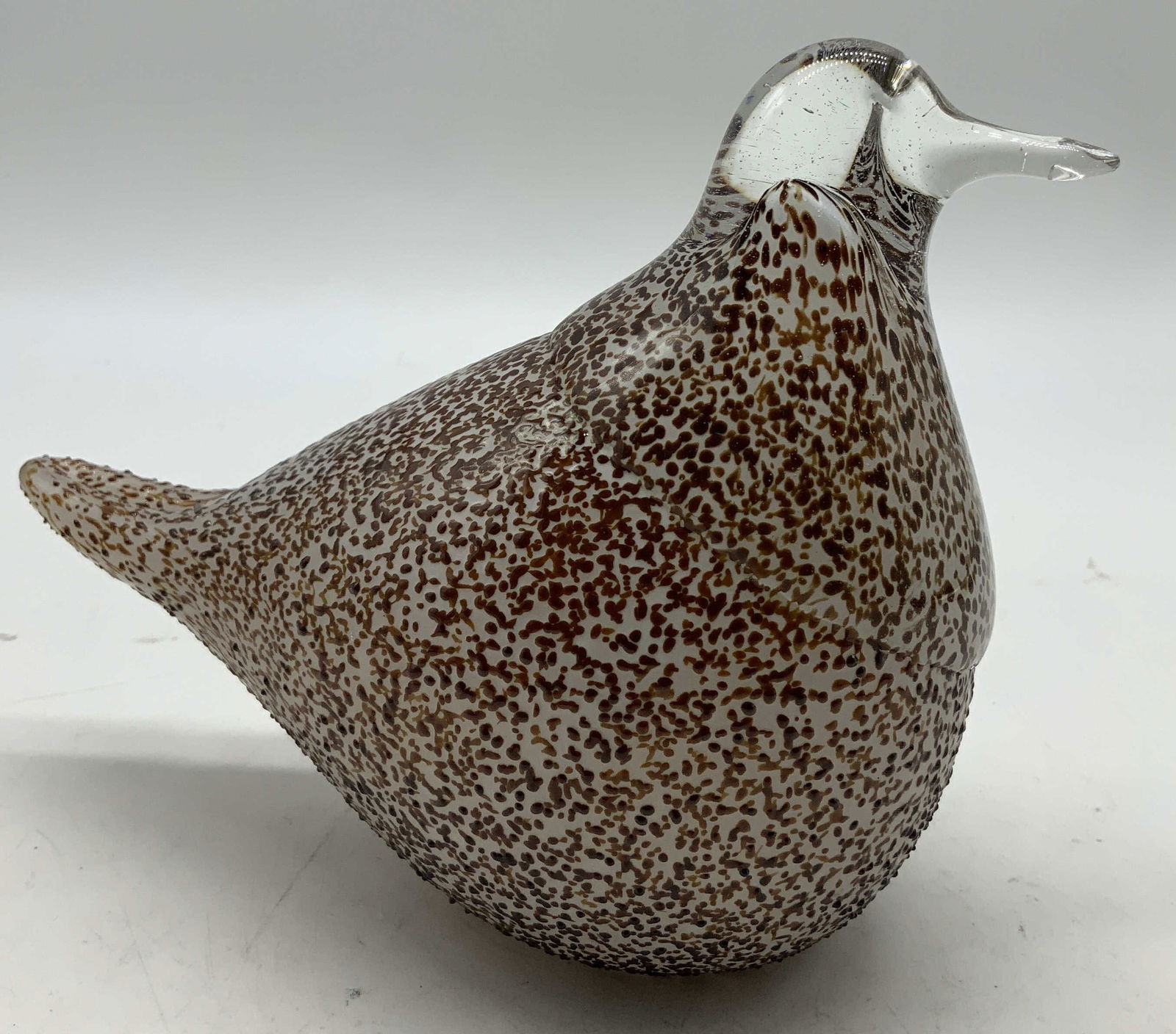 Vtg Hand Blown Glass Speckled Bird Figurine: Vintage hand blown glass bird figurine features a distinctive brown speckled pattern. Visible hole on underside. No visible signature or markings. Surface wear consistent to age, use & exposure. Surfa