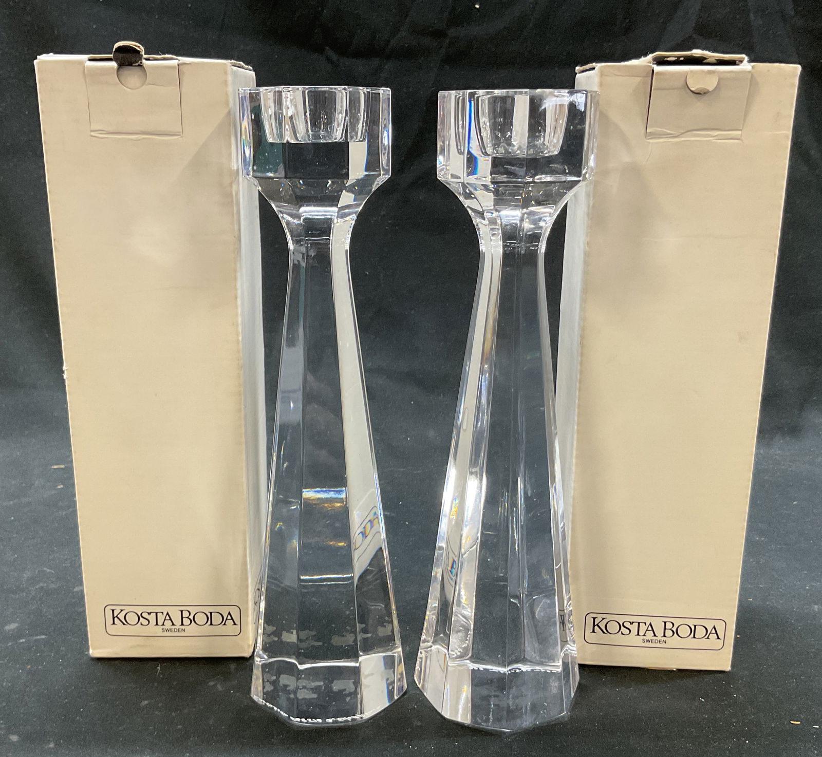 Pair Kosta Boda Crystal Candlesticks Sweden W Box (1 of 8)