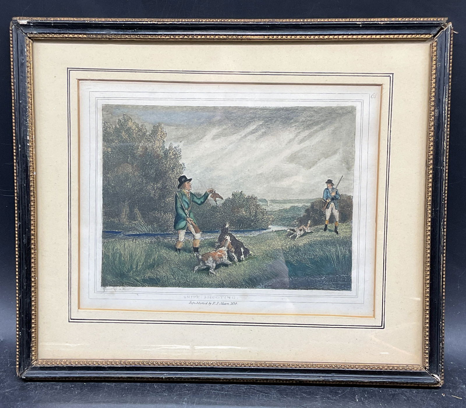 1834 After Howitt Snipe Shooting Color Engraving: Framed Antique hand colored engraving. After Samuel Howitt (English 1756/57-1822). Snipe shooting. Hunting scene with man and dogs. Republished by F J Mason, 1834. Gilt and black wood frame. Not exami