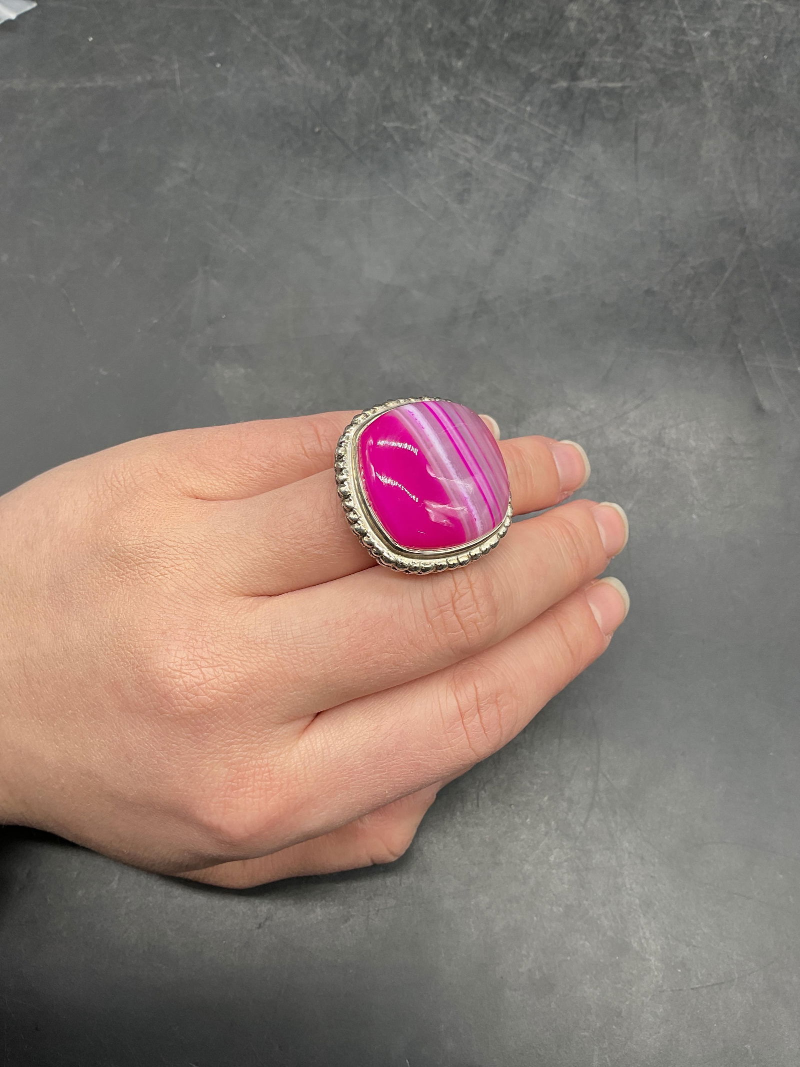 AKR Sterling Silver Pink Agate Statement Ring - 6