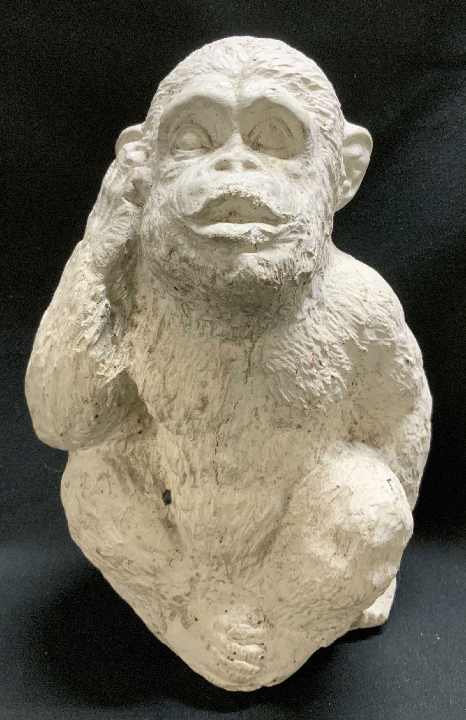 Vtg Stone Monkey Statue 8.8in: Vintage stone monkey statue is in a seated pose. Intricate & textured details. Surface wear consistent to age, use & exposure. Measurements: length 5.7in x width 4in x height 8.8in. Vintage stone monk