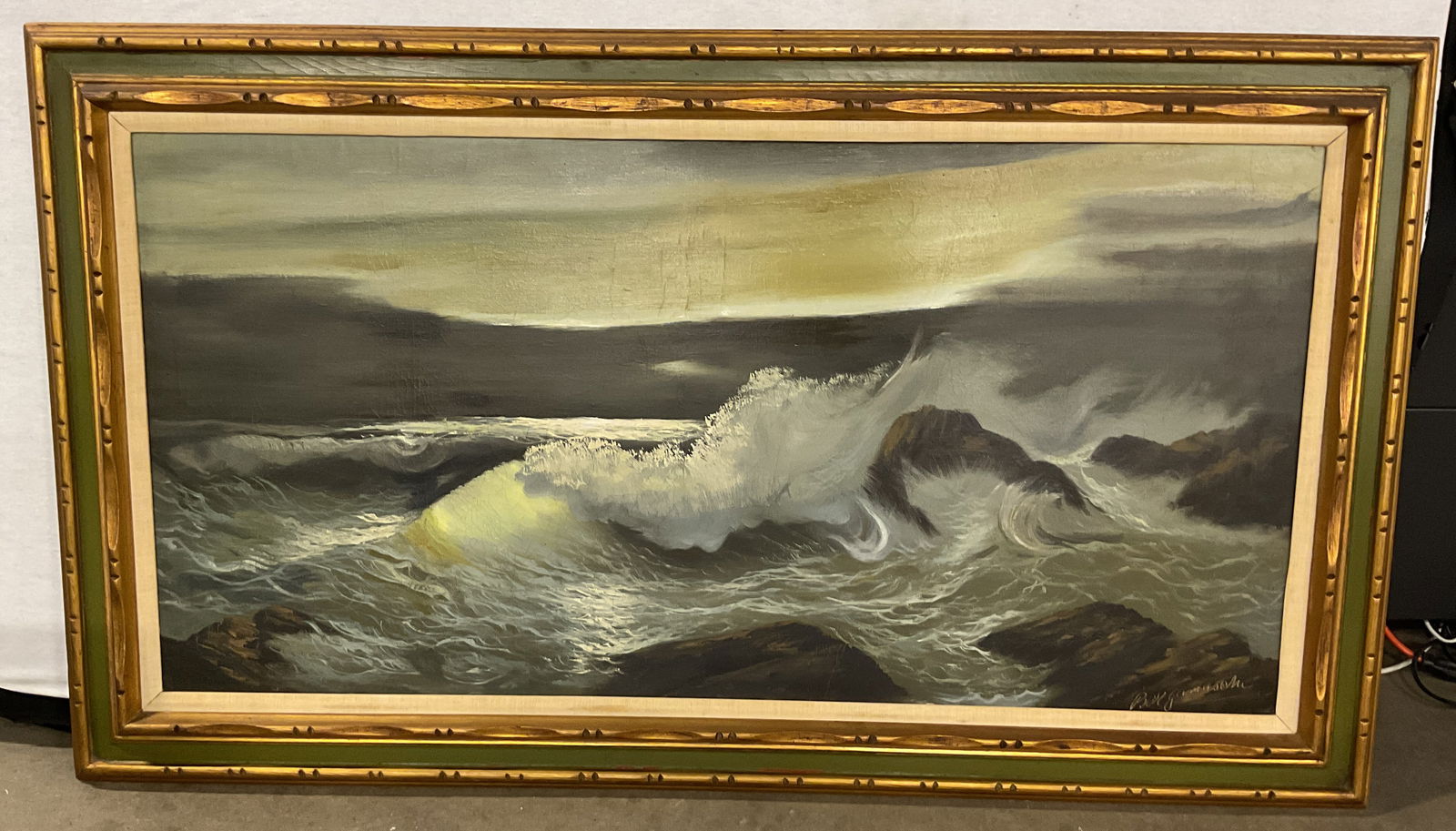 Paolo Emilio Bergamaschi Seascape Oil Painting 56i: Framed oil on canvas painting. Signed Bergamaschi. Seascape. Waves crashing over rocks. Paolo Emilio Bergamaschi (Italian, 1929-1990). Decorative gilt and green wood frame. Not examined out of frame.