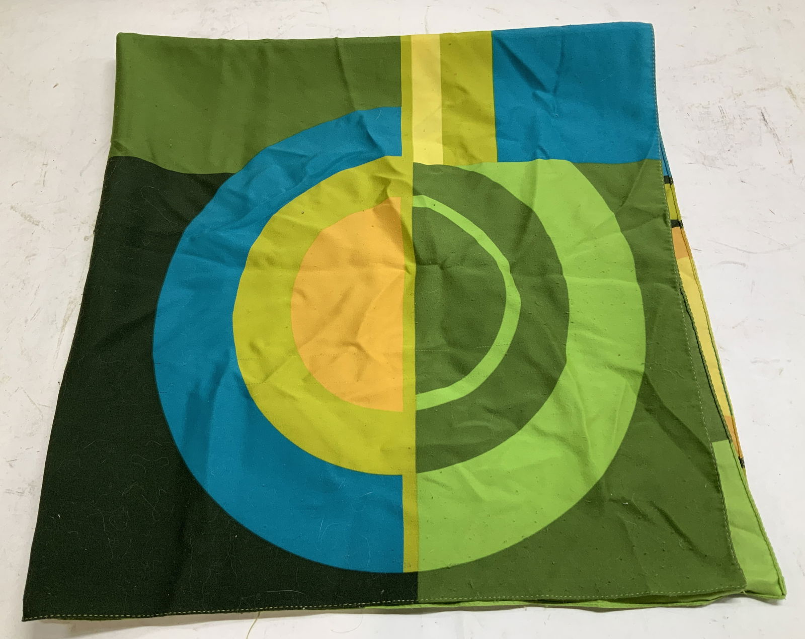 Vtg Abstract Green & Blue Square Scarf: Vintage abstract square scarf features green, blue, orange & yellow shades. Appears to be possible synthetic material. Surface wear consistent to age, use & exposure. Property of opera singers estate