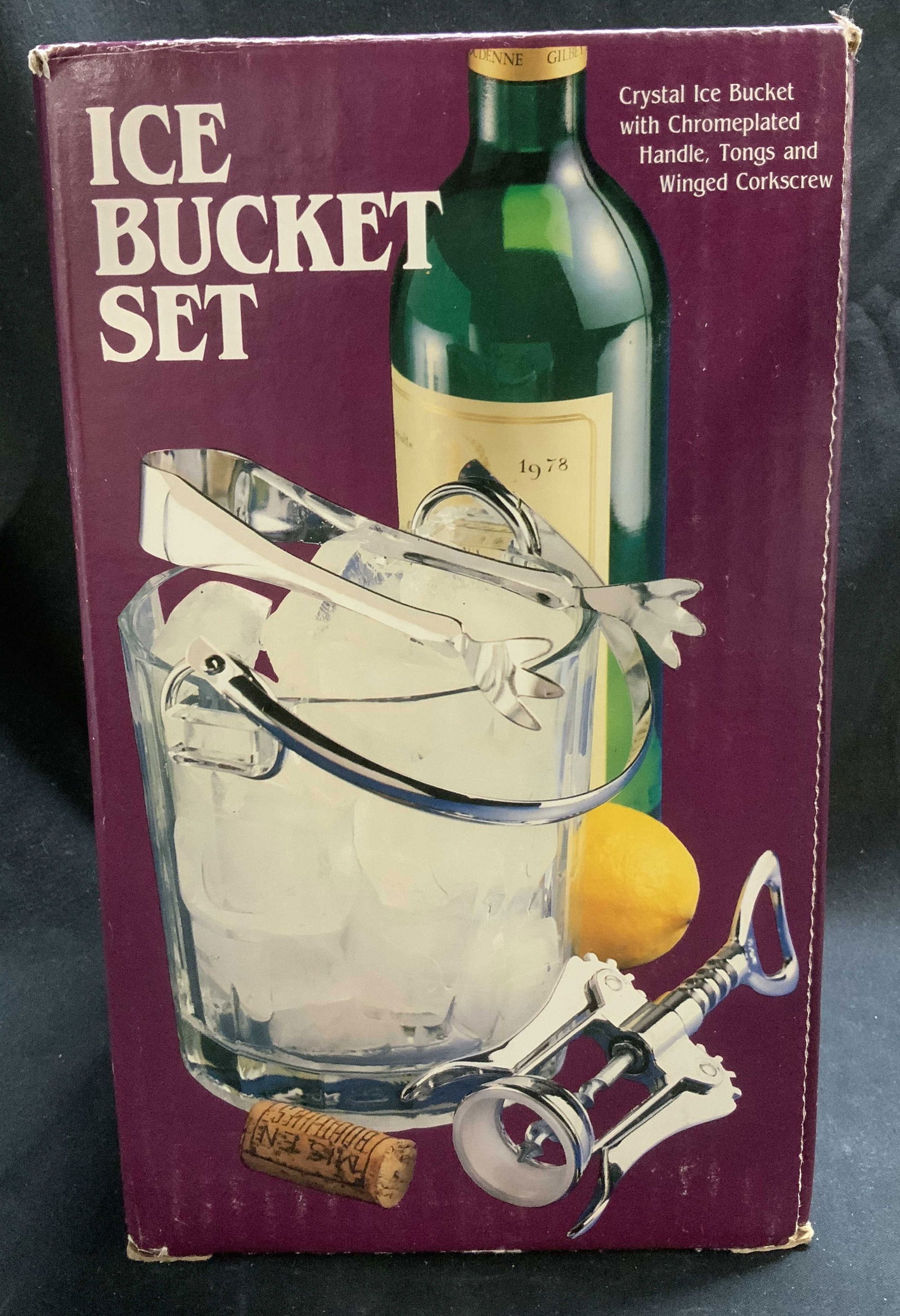 1981 Shelton Ware Towle Ice Bucket Set W Box: Lot includes, 1 crystal ice bucket with chrome plated handle. Tongs & winged corkscrew. Comes with original box. Copyright 1981 SHELTON WARE NY. A TOWLE COMPANY. Surface wear consistent to age, use &